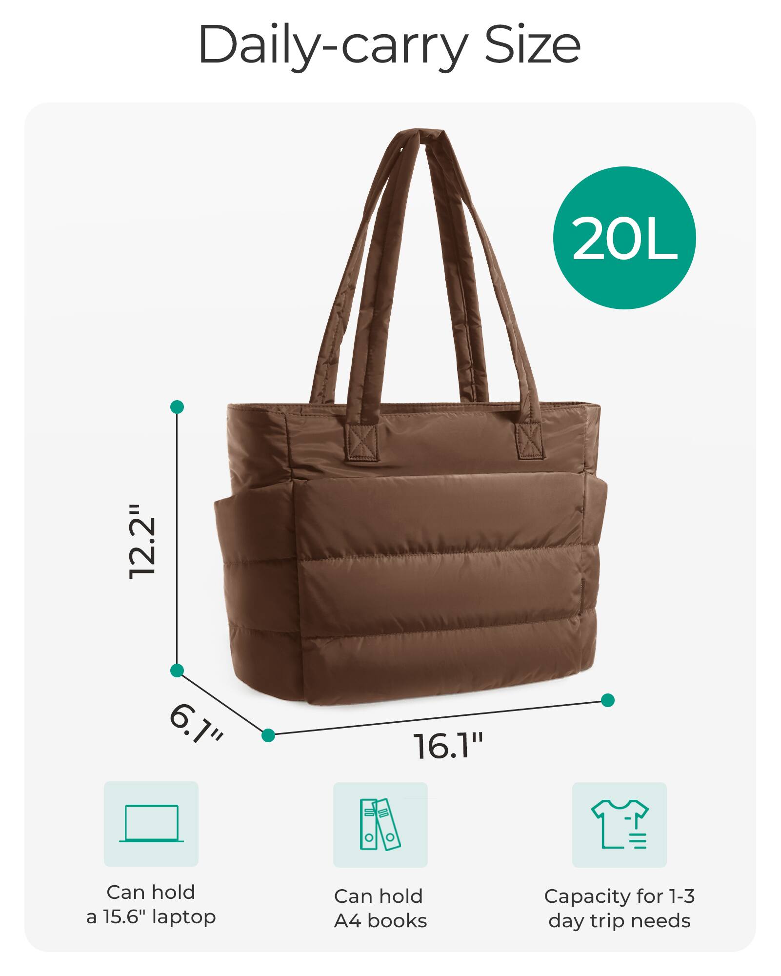Daily-carry Size

20L

12.2"

6.1"

16.1"

Can hold a 15.6" laptop

Can hold A4 books

Capacity for 1-3 day trip needs