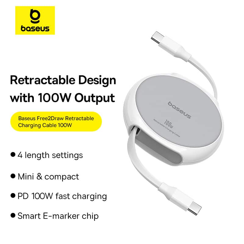 baseus Retractable Design with 100W Output, Baseus Free2Draw Retractable Charging Cable 100W, 4 length settings, Mini & compact, PD 100W fast charging, Smart E-marker chip