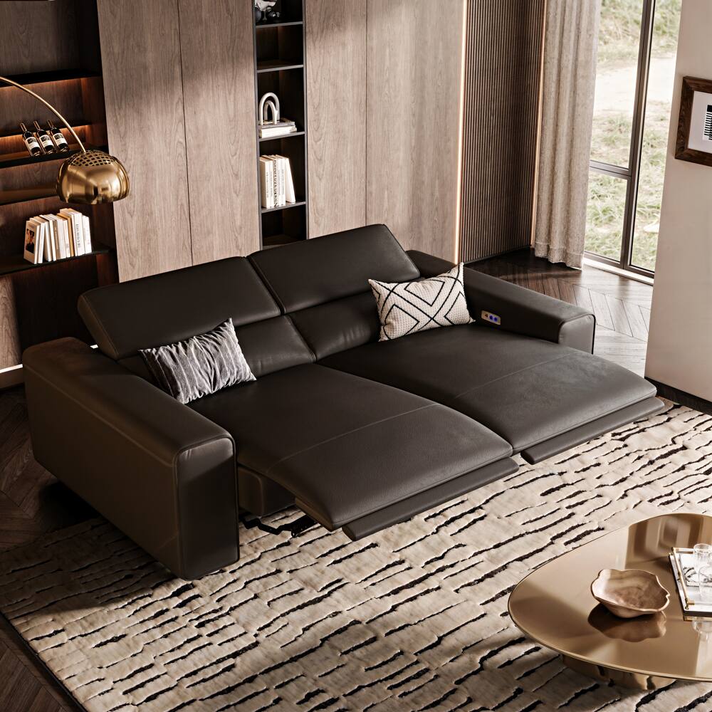 Angle. POVISON - 78.74" Power Loveseat Sofa Reclining Couch Sofa, Modular Recliner Couch,Power Outlet, Adjustable Headrest, Khaki - Black Sustainable Leather.