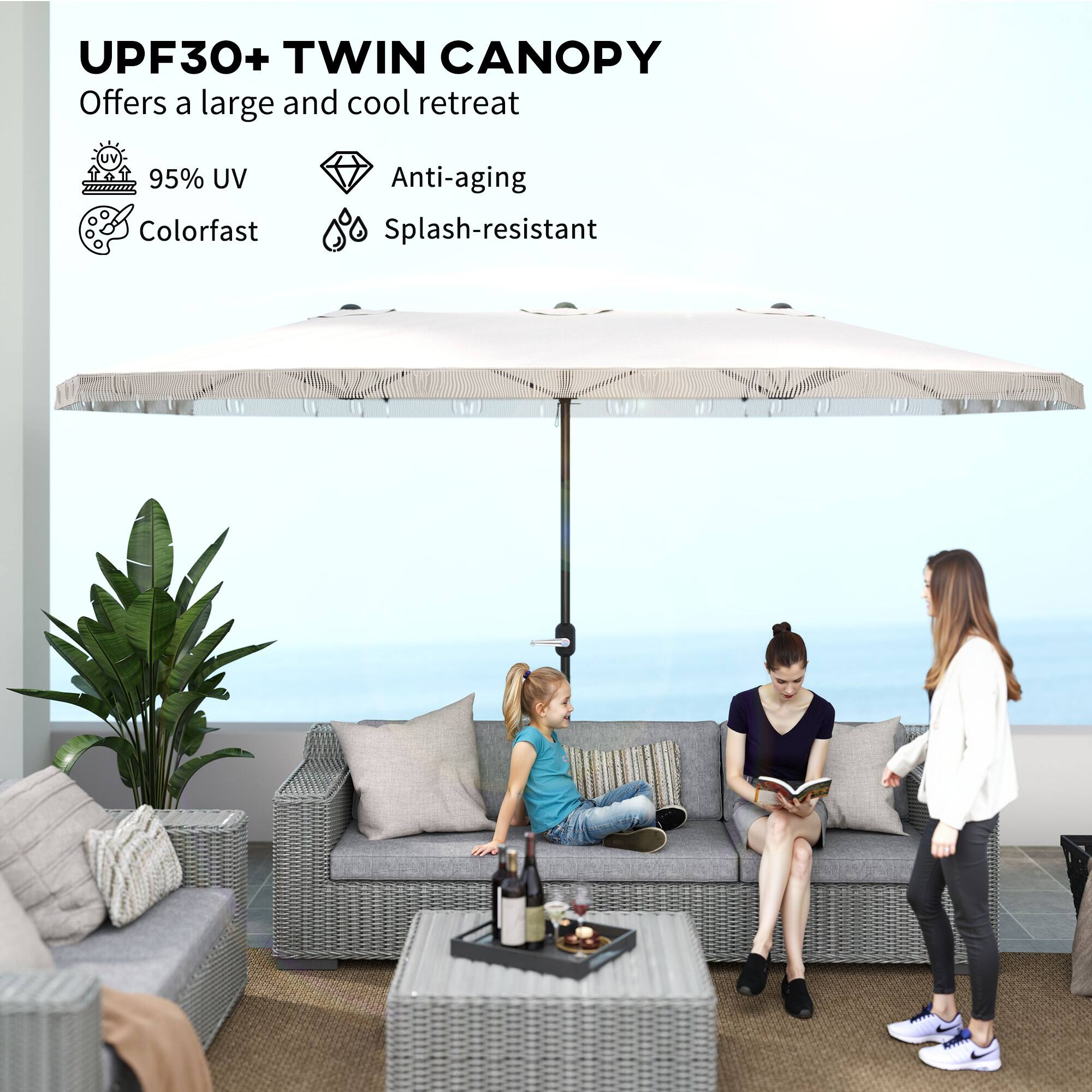 UPF30+ TWIN CANOPY Offers a large and cool retreat

95% UV
Colorfast
Anti-aging
Splash-resistant