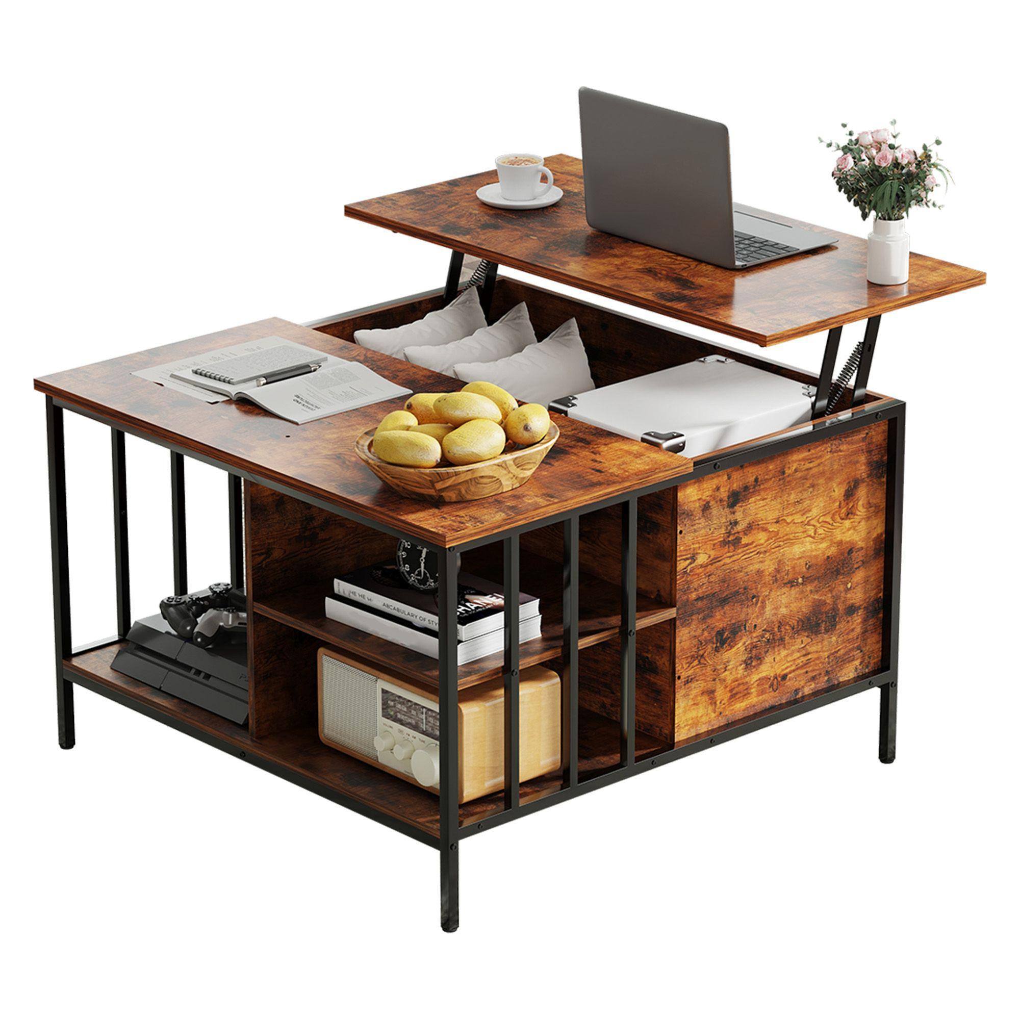 Front. Mirfee - Farmhouse Lift-Top Coffee Table, Adjustable Height & Hidden Storage - Black+Brown.