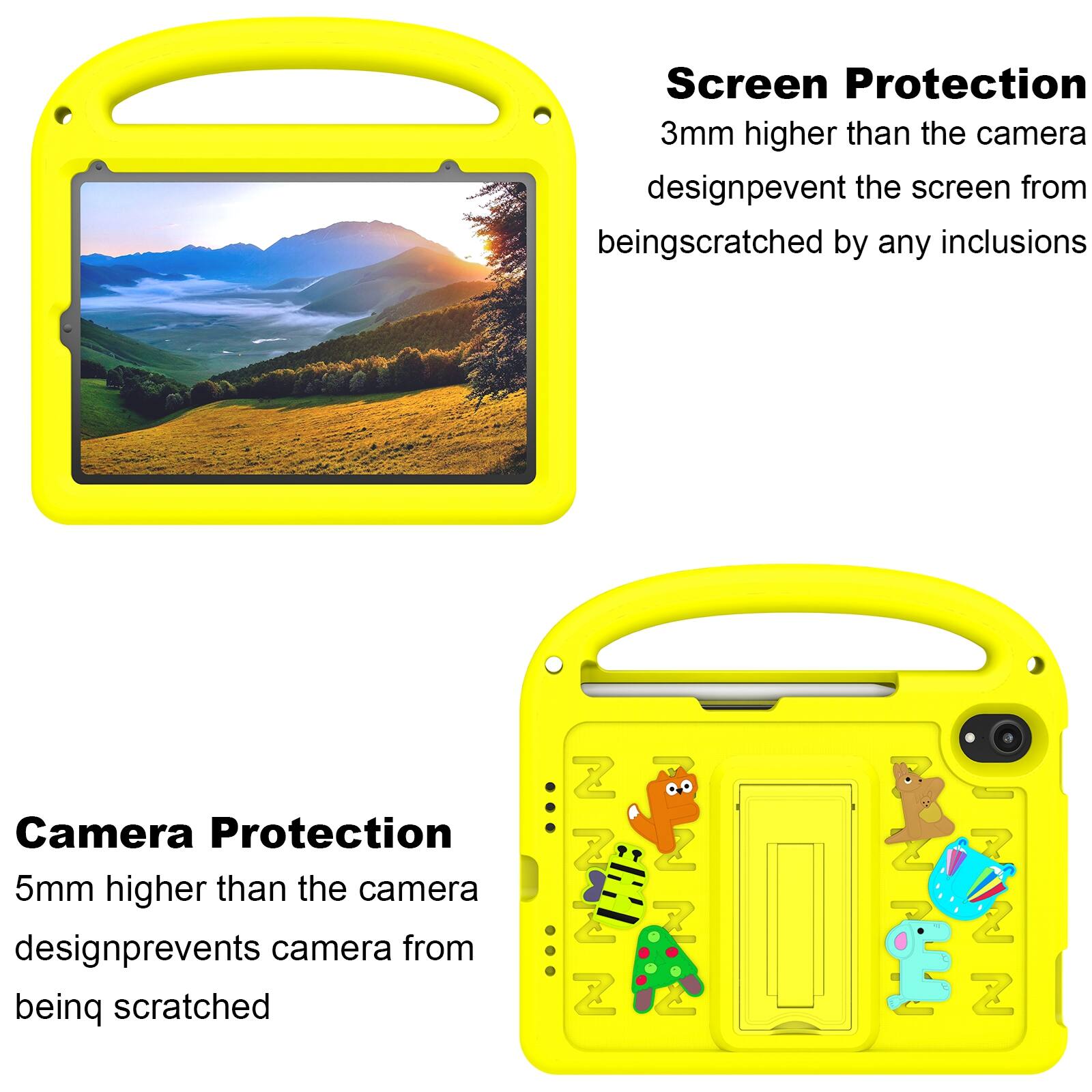 Screen Protection  
3mm higher than the camera design prevents the screen from being scratched by any inclusions  

Camera Protection  
5mm higher than the camera design prevents camera from being scratched
