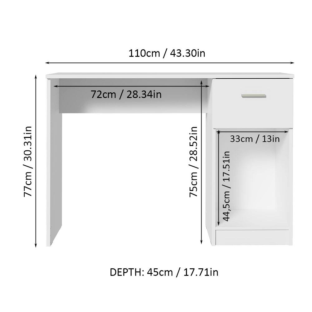 110cm / 43.30in  
72cm / 28.34in  
77cm / 30.31in  
75cm / 29.52in  
33cm / 13in  
44.5cm / 17.51in  
DEPTH: 45cm / 17.71in