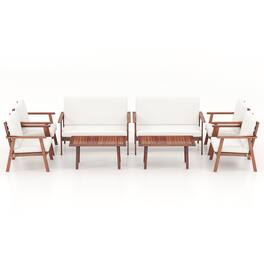 Costway - 8 PCS Patio Conversation Set Acacia Wood Sofa Coffee Table with Cushioned Seat - Natural + Off White