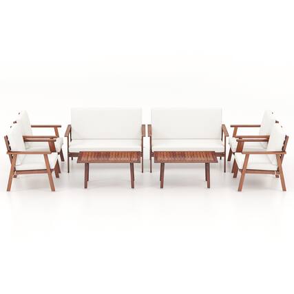 Front. Costway - 8 PCS Patio Conversation Set Acacia Wood Sofa Coffee Table with Cushioned Seat - Natural + Off White.