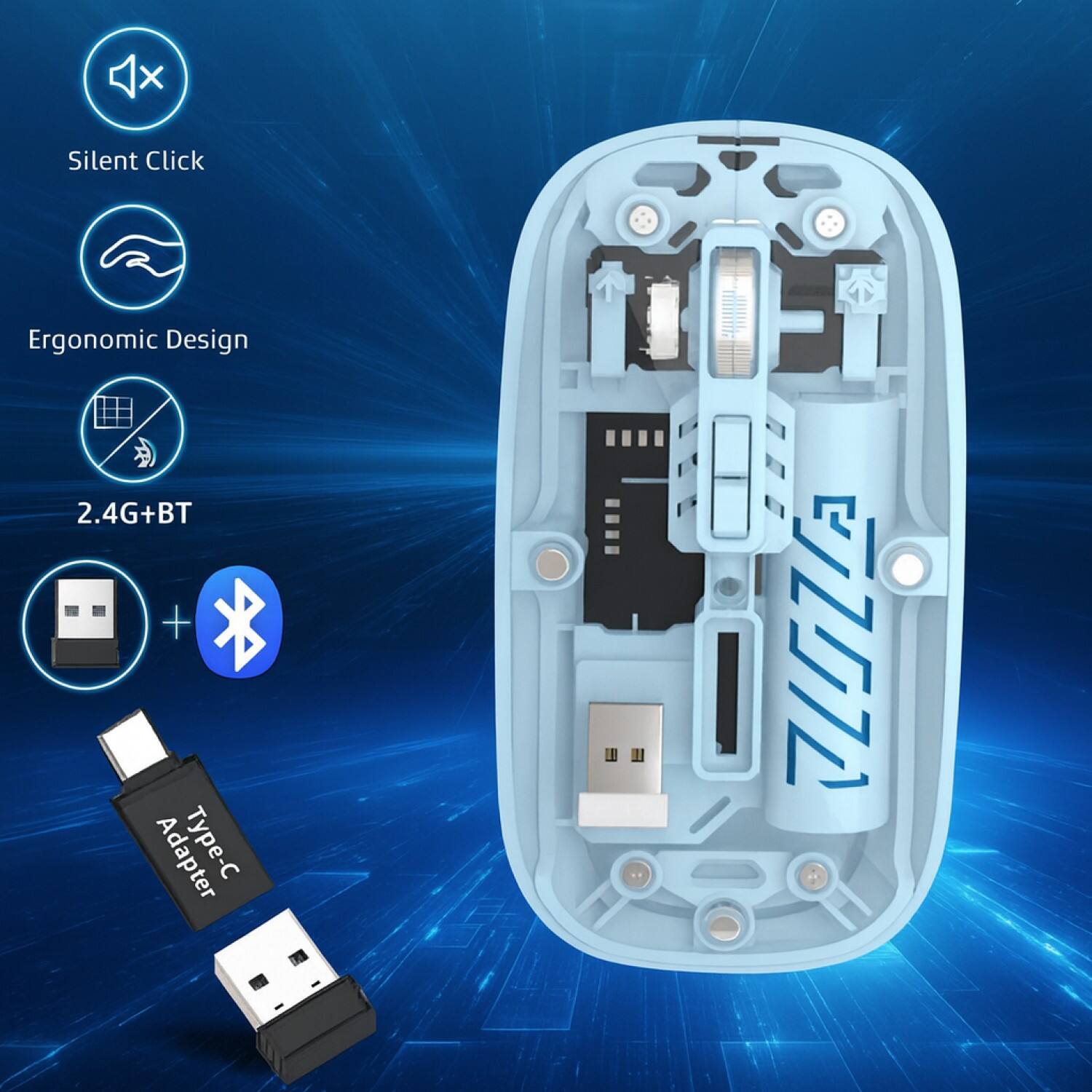 Silent Click  
Ergonomic Design  
2.4G+BT  
Adapter Type: Z72