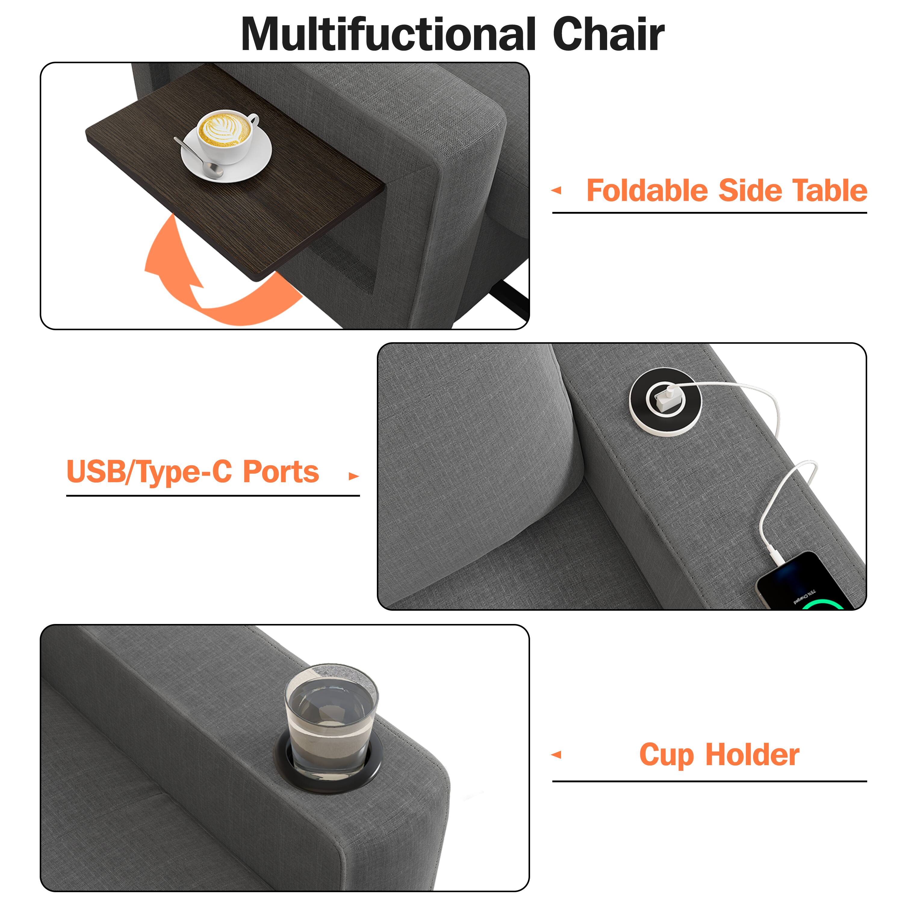 Multifunctional Chair

- Foldable Side Table
- USB/Type-C Ports
- Cup Holder