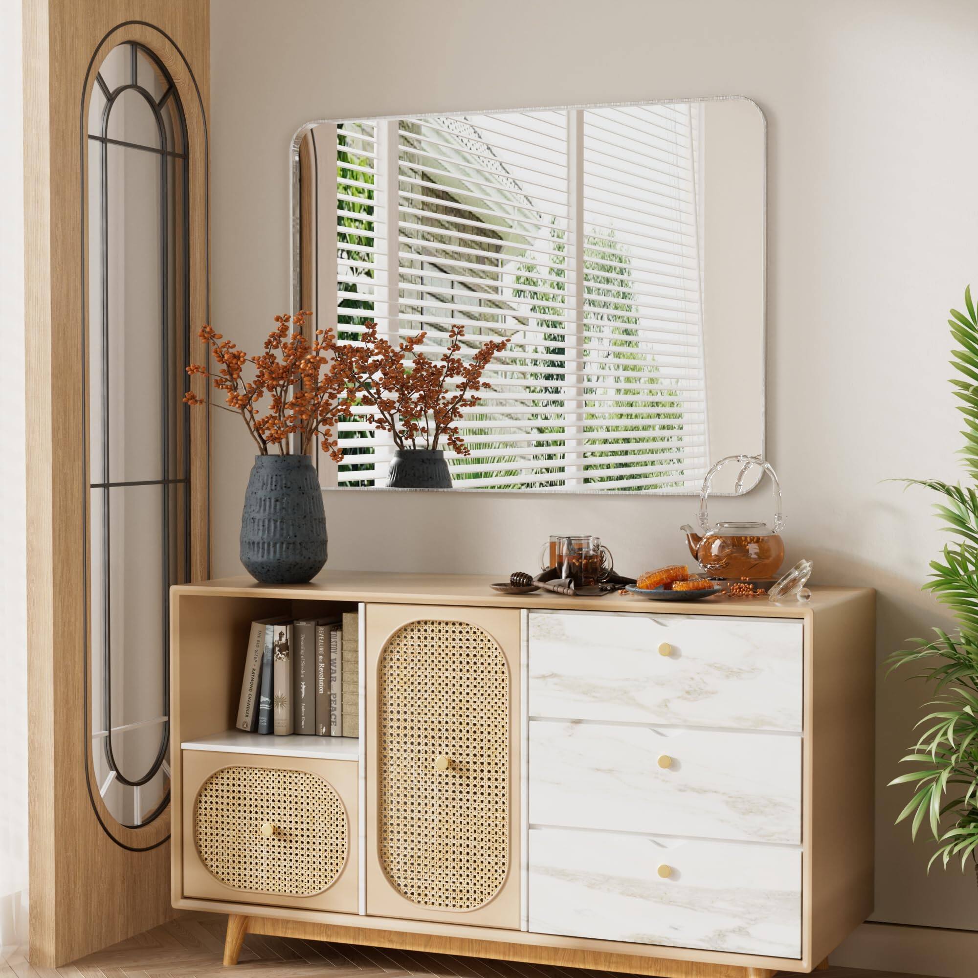 Alt View 8. PAIHOME - 30x40 Inch Brushed Nickel Bathroom Wall Mirror, 304 Stainless Steel Frame, Rectangle, Vertical/Horizontal.