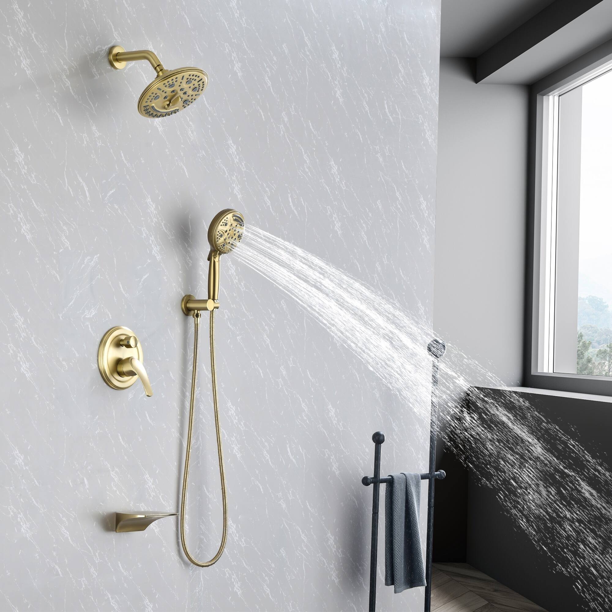 Alt View 2. Boyel Living - Brushed Gold Shower Set Brass SUS304 3-Function Valve 8-Inch Top Spray 9-Function Handheld cUPC - Brushed Gold.