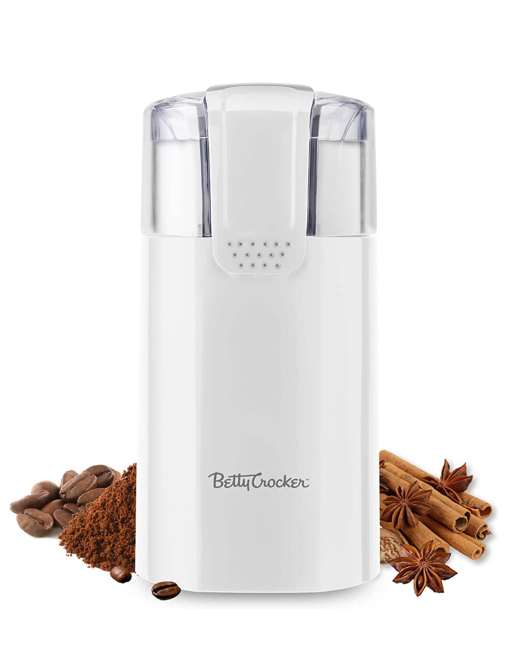 Betty Crocker - Electric Coffee and Spice Grinder with Stainless Steel Bowl & Blades, Grinds Up to 12 Cups, Coarse to Fine, BC-4821W - White