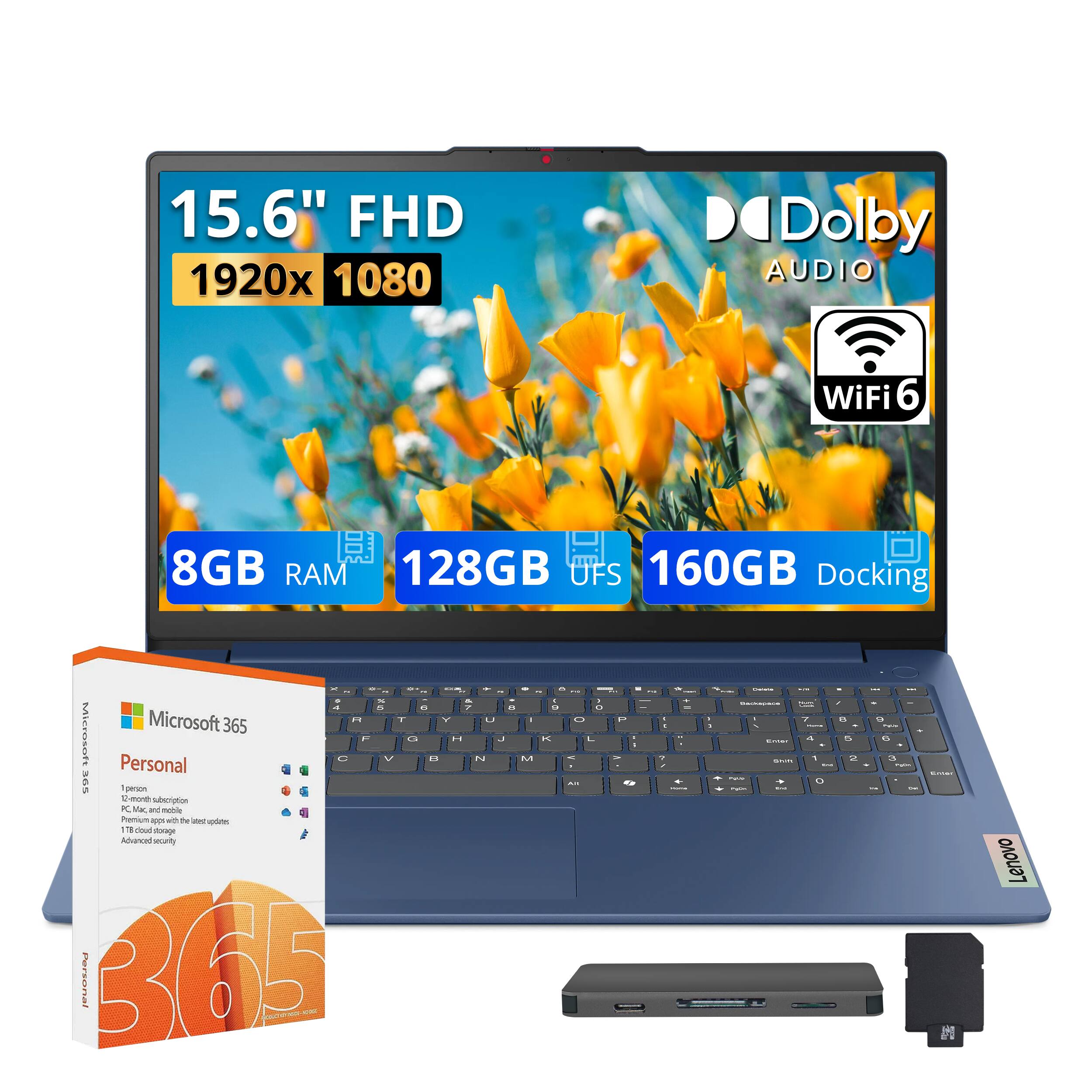 15.6" FHD 1920x1080 Dolby AUDIO WiFi 6 8GB RAM 128GB UFS 160GB Docking

Microsoft 365 Personal

Lenovo