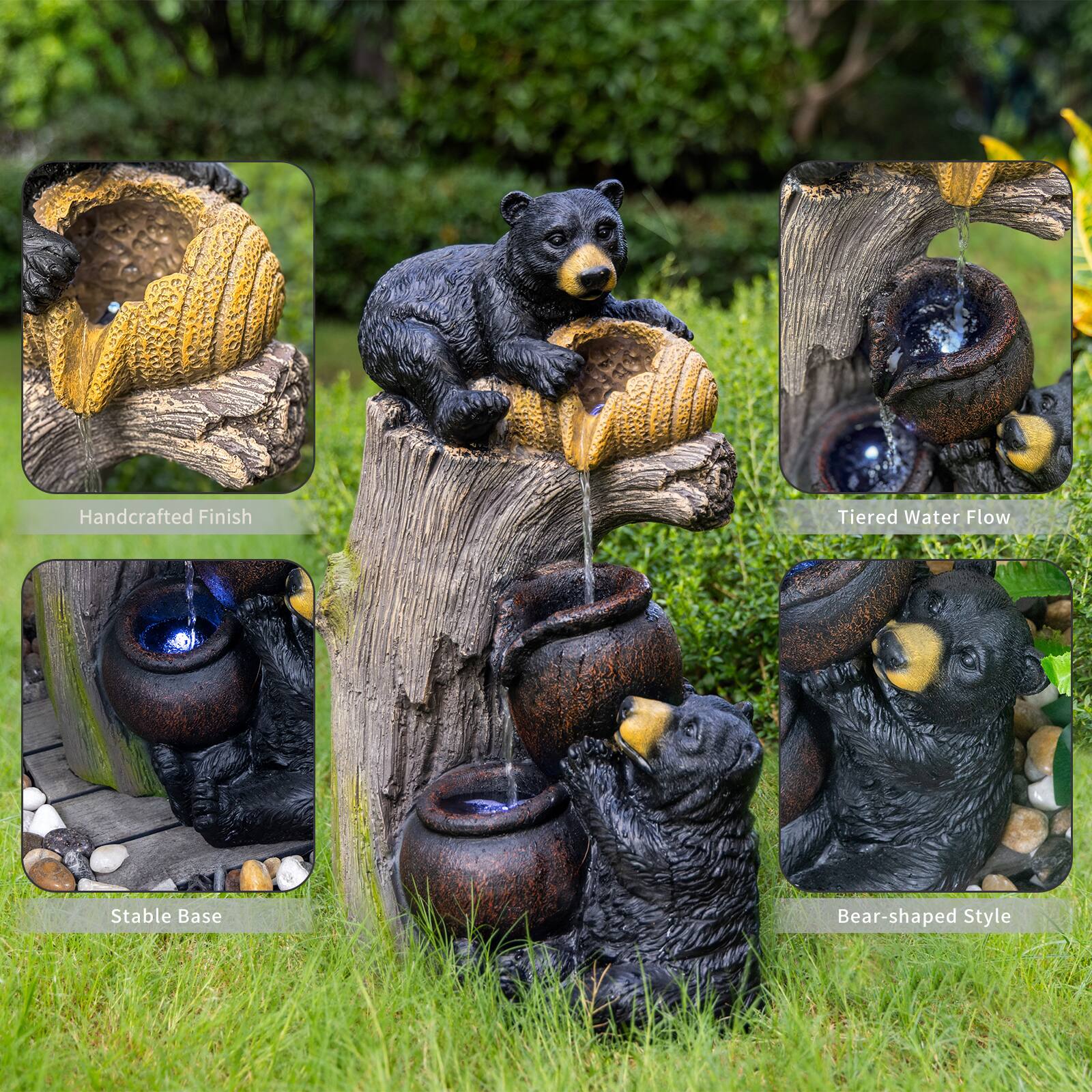 - Handcrafted Finish
- Tiered Water Flow
- Stable Base
- Bear-shaped Style