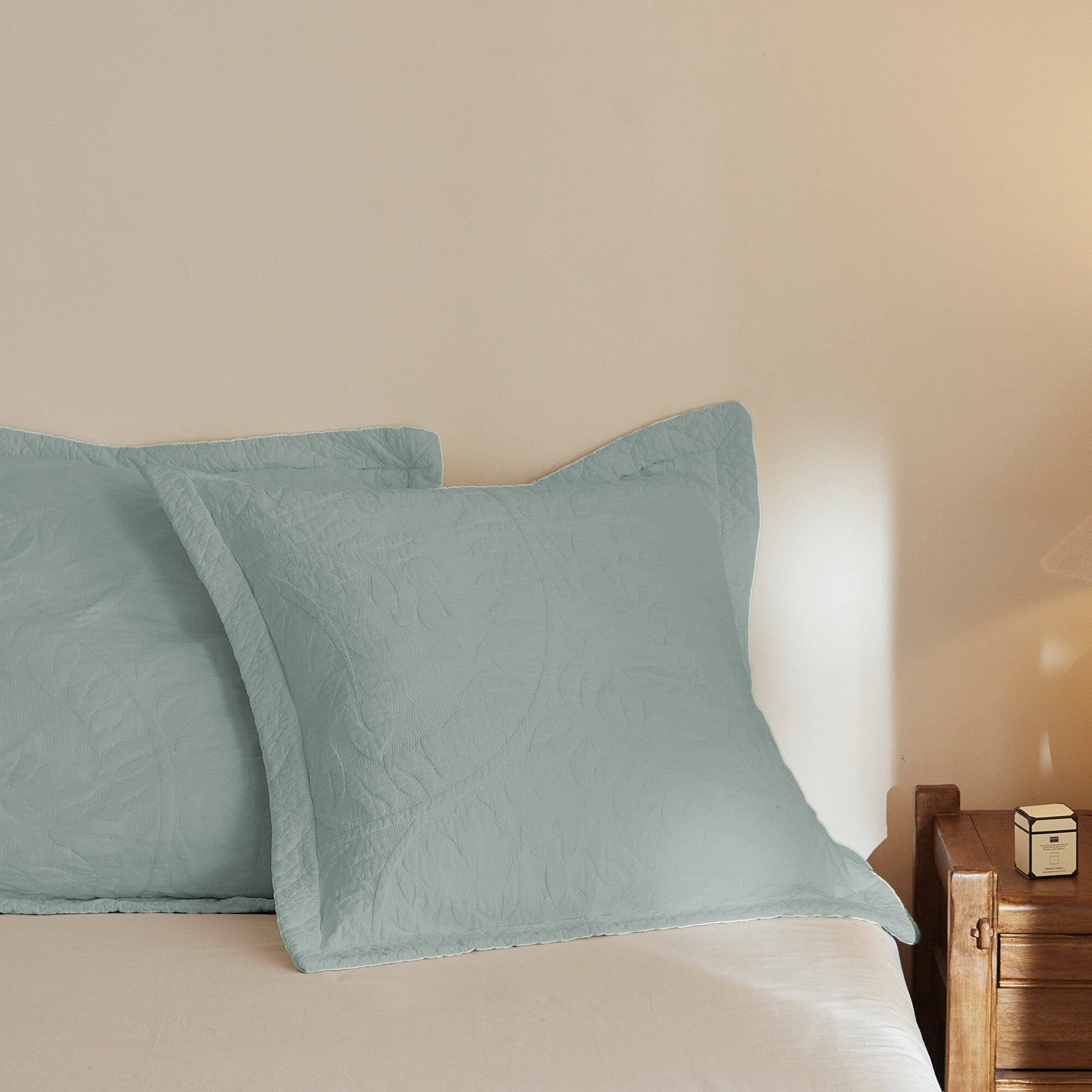 Angle. MarCielo - 100% Cotton Embroidered Quilted Pillow Shams Set of 2, 26"x26" Euro Size - Aruba Blue.