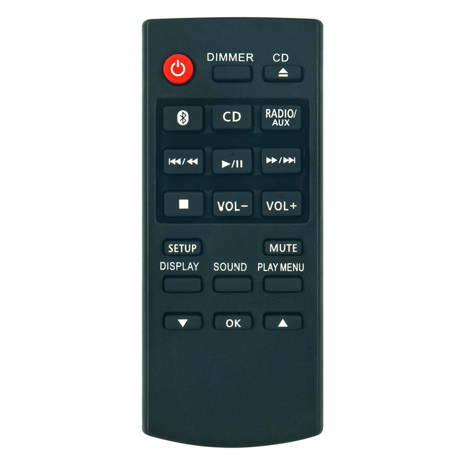 Sure, here is the corrected and grouped text from the image:

- DIMMER
- CD
- RADIO/AUX
- CD
- VOL-
- VOL+
- SETUP
- DISPLAY
- SOUND
- MUTE
- PLAY MENU
- OK