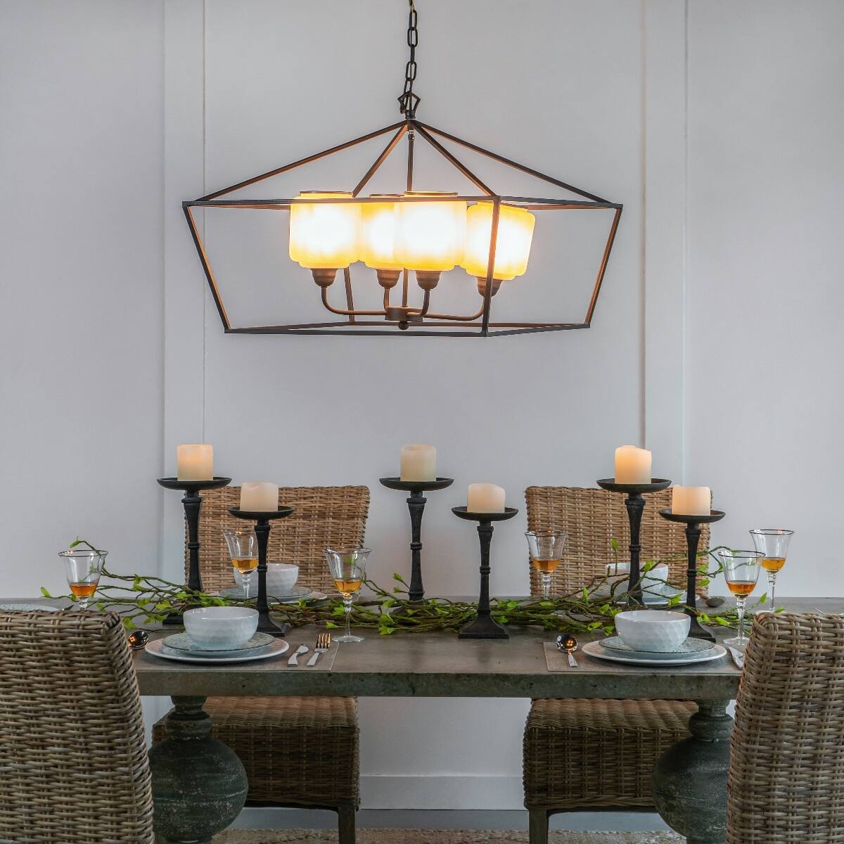 Alt View 2. Loheer - Loheer Black Iron Chandelier, Rectangle Glass Shade Industrial Hanging Light Fixture for Dining Room.