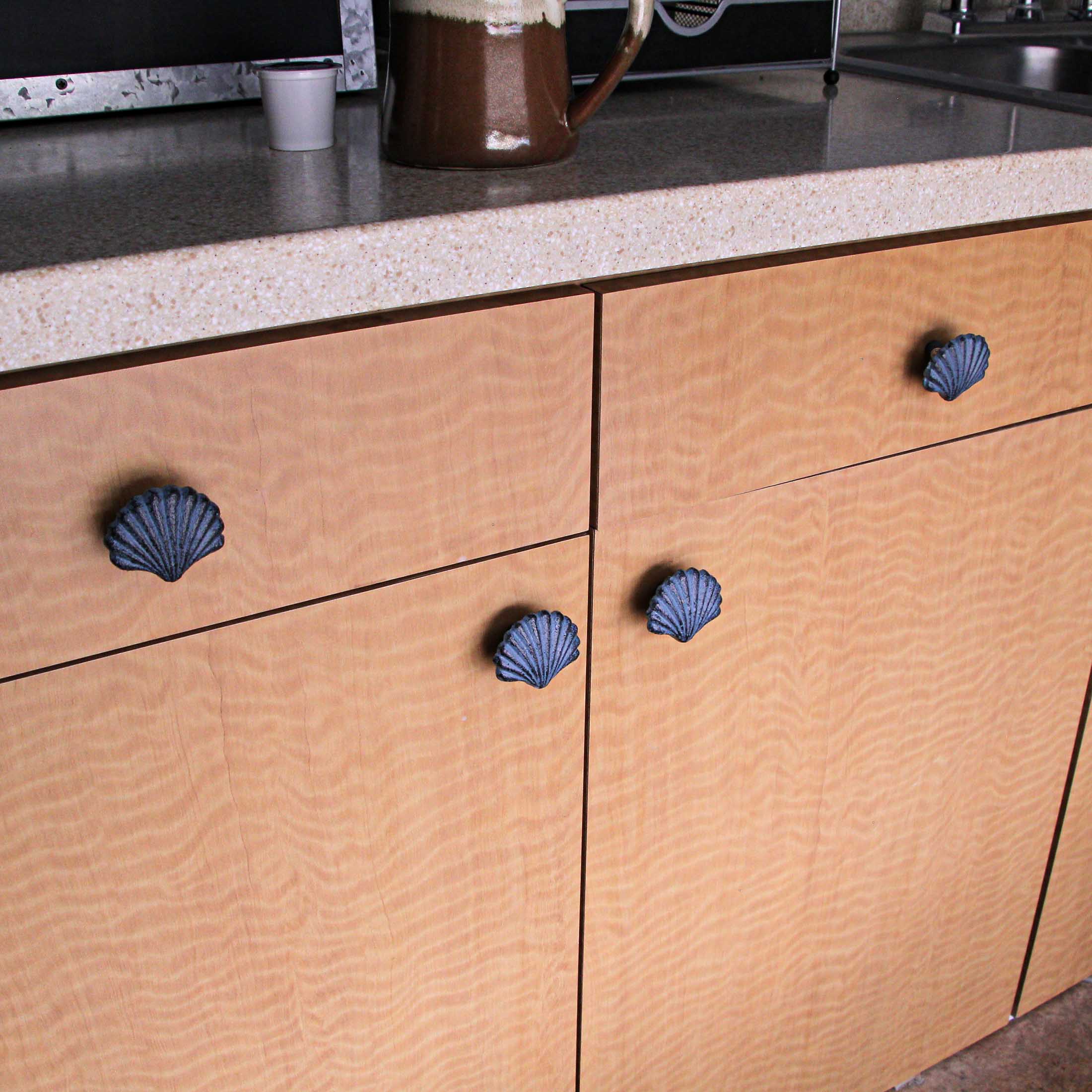 Alt View 3. Zeckos - Set of 6 Blue Cast Iron Scallop Sea Shell Drawer Pulls Nautical Cabinet Knobs - Light Blue.