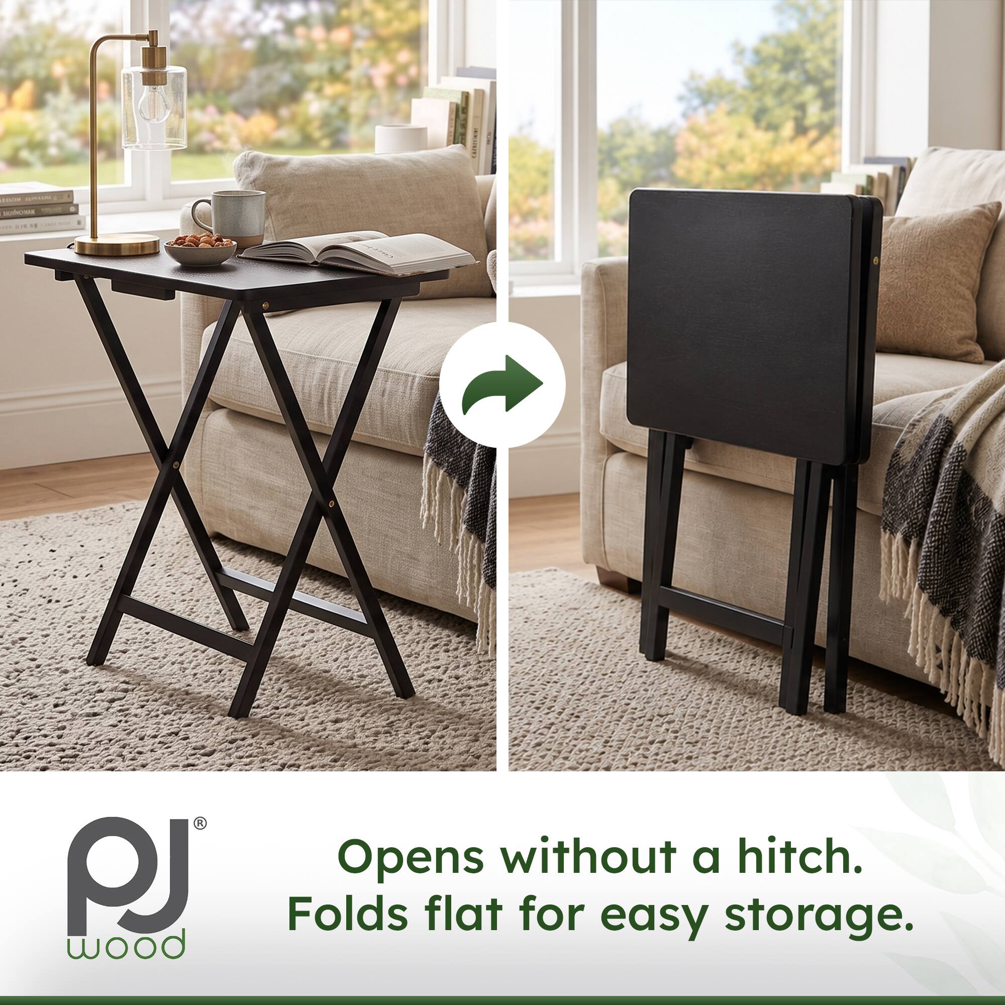 PJ wood  
Opens without a hitch.  
Folds flat for easy storage.
