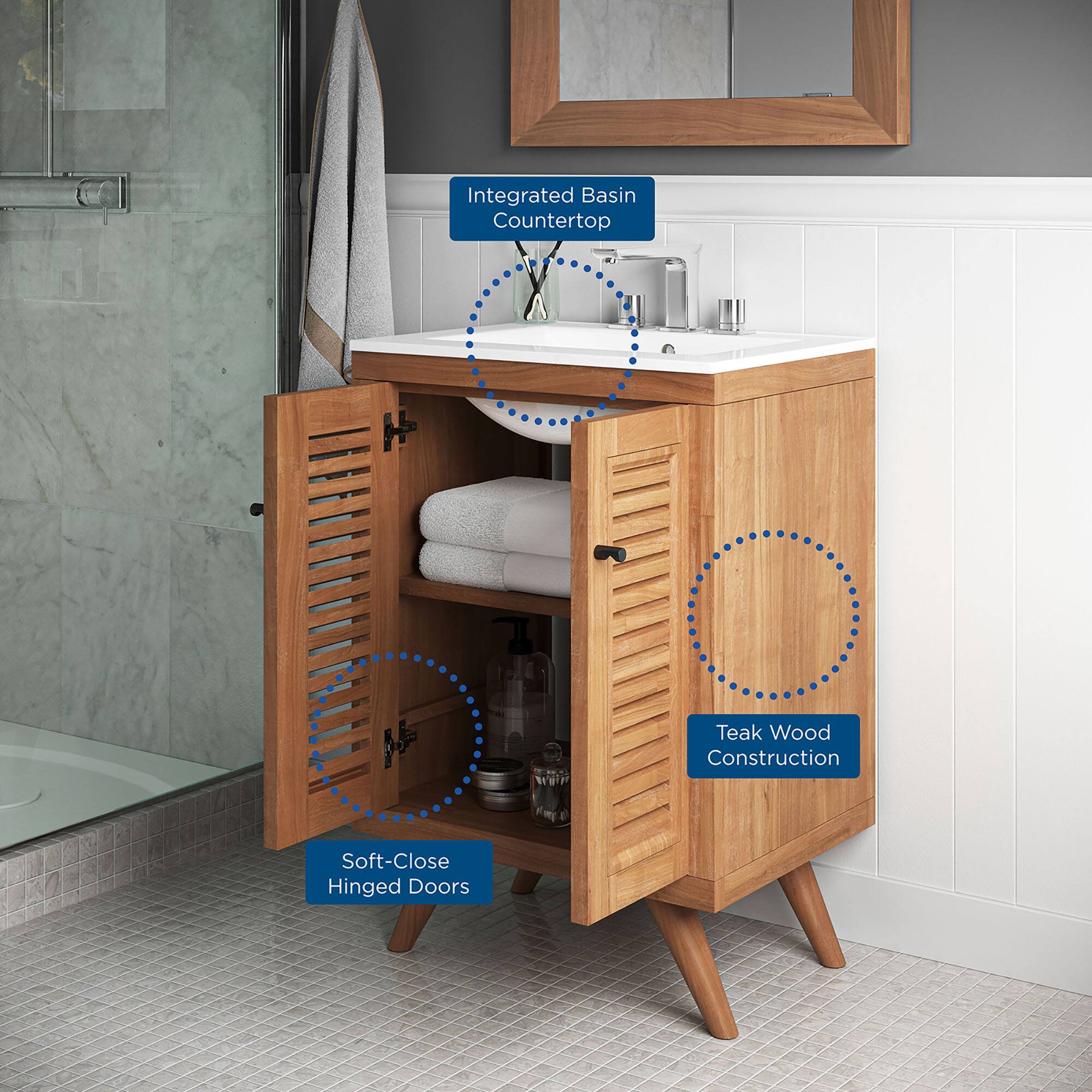 Integrated Basin Countertop  
Teak Wood Construction  
Soft-Close Hinged Doors