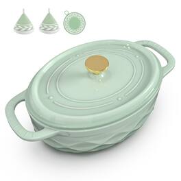 Winado - 7.5 QT Oval Enameled Cast Iron Dutch Oven Pot with Diamond Texture & Self-Basting Lid & Heat Resistant Mitts & Pot Mat - Green