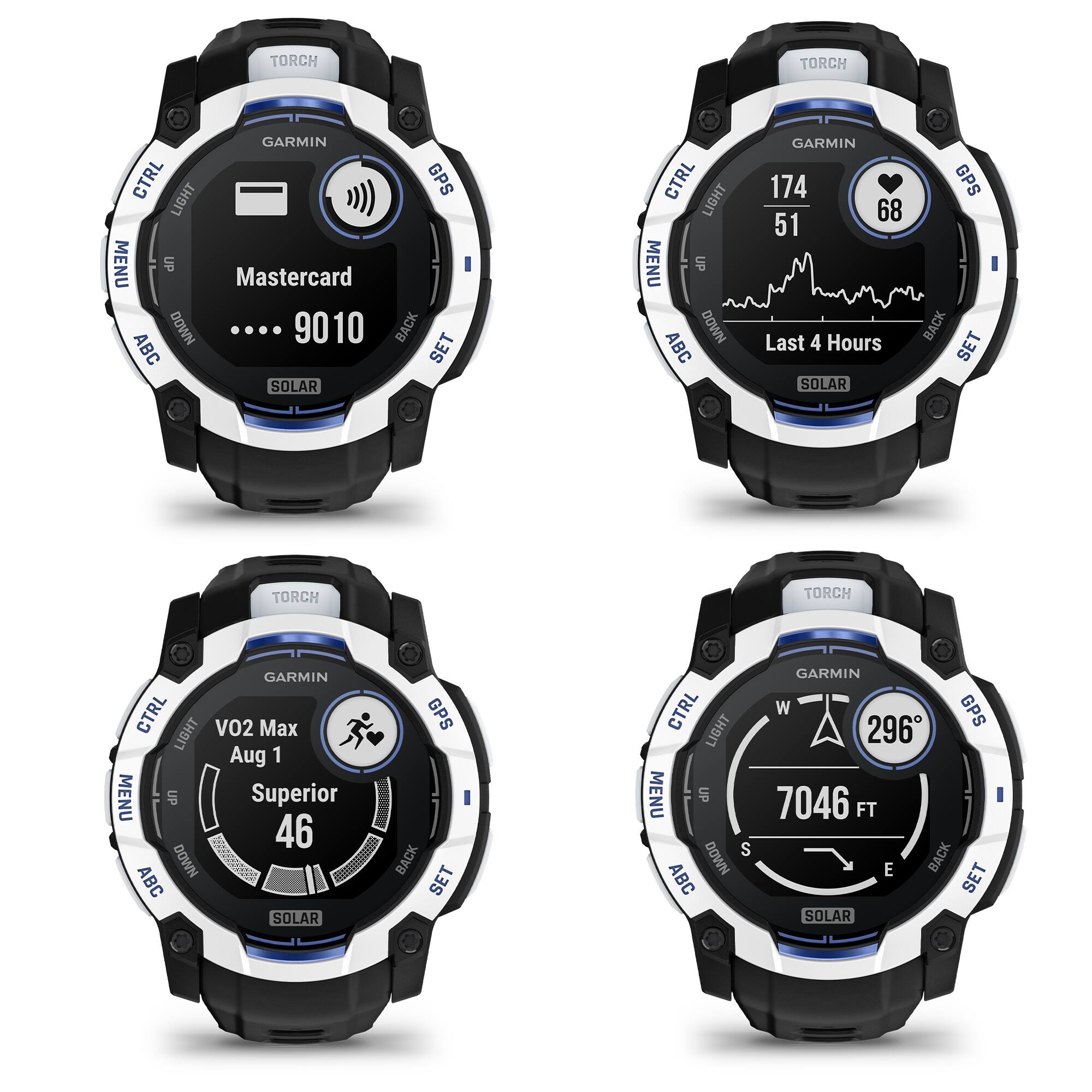 TORCH  
GARMIN  
CTRL  
LIGHT  
MENU  
UP  
DOWN  
ABC  
SET  
SOLAR  
GPS  
BACK  

Mastercard  
... 9010  

174  
68  
51  
Last 4 Hours  

VO2 Max  
Aug 1  
Superior  
46  

296°  
7046 FT