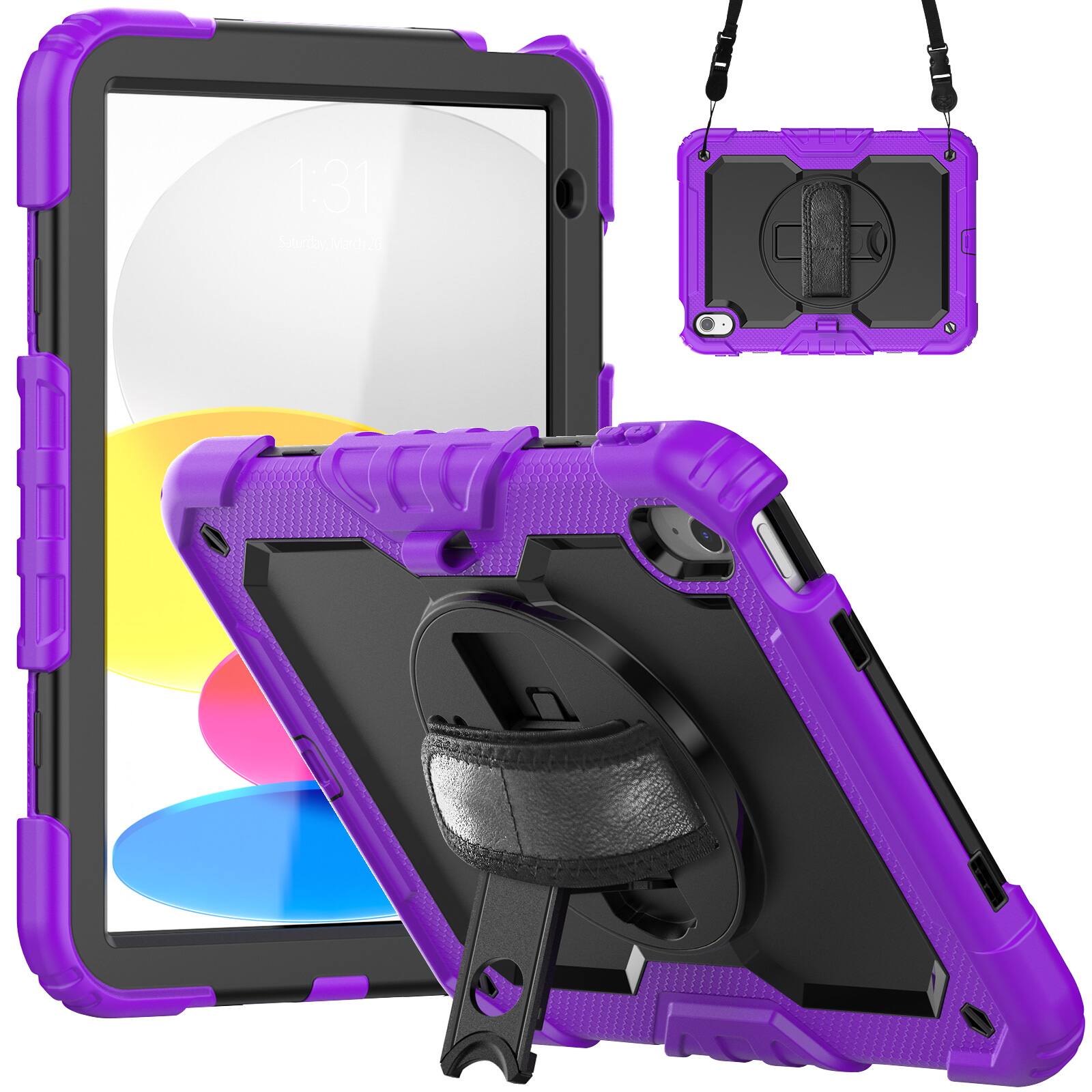 Angle. Dteck - For Apple iPad 11"(A16 chip 2025)&iPad 10th 2022 Three-Layer Kickstand Shoulder Strap Case Built-in Screen Protector - Purple.