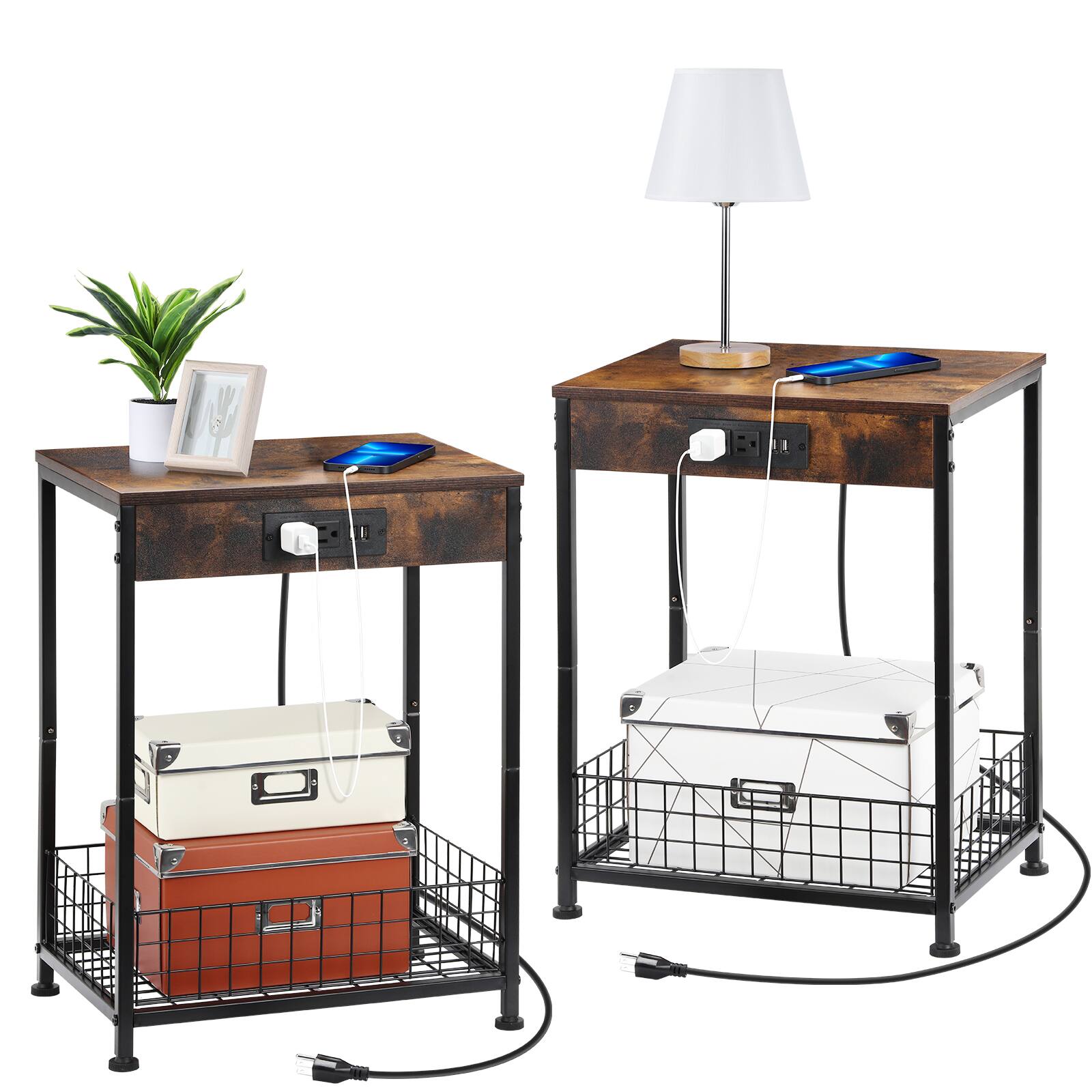 Angle. Oumilen - Set of 2 Rustic Brown Nightstands with Charging Station, Industrial End Tables with Wire Basket Shelf - Rustic Brown.