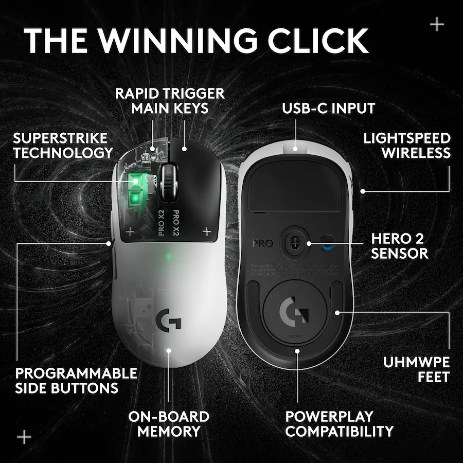 THE WINNING CLICK - RAPID TRIGGER MAIN KEYS - SUPERSTRIKE TECHNOLOGY - USB-C INPUT - LIGHTSPEED WIRELESS - HERO 2 SENSOR - PROGRAMMABLE SIDE BUTTONS - ON-BOARD MEMORY - UHMWPE FEET - POWERPLAY COMPATIBILITY