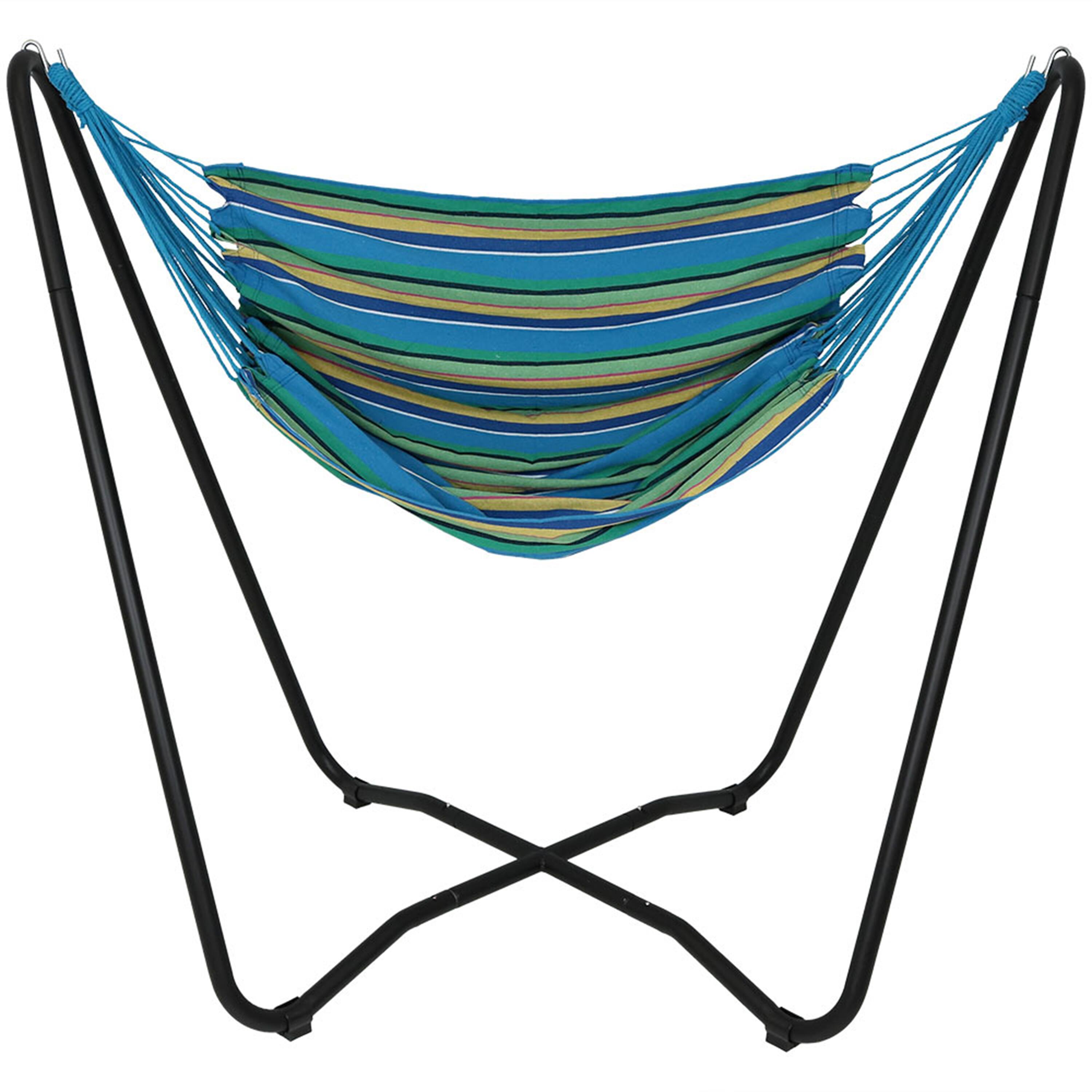 Sunnydaze - Cotton Hammock Chair with Space Saving Steel Stand - Ocean Breeze