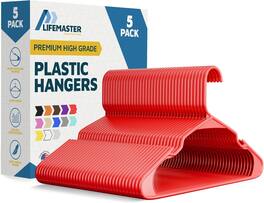 Lifemaster - Plastic Hangers – Heavy Duty, Non-Slip, Space-Saving, Holds 5 lbs, for Clothes, Dresses & Coats, Pack of 5 - Red
