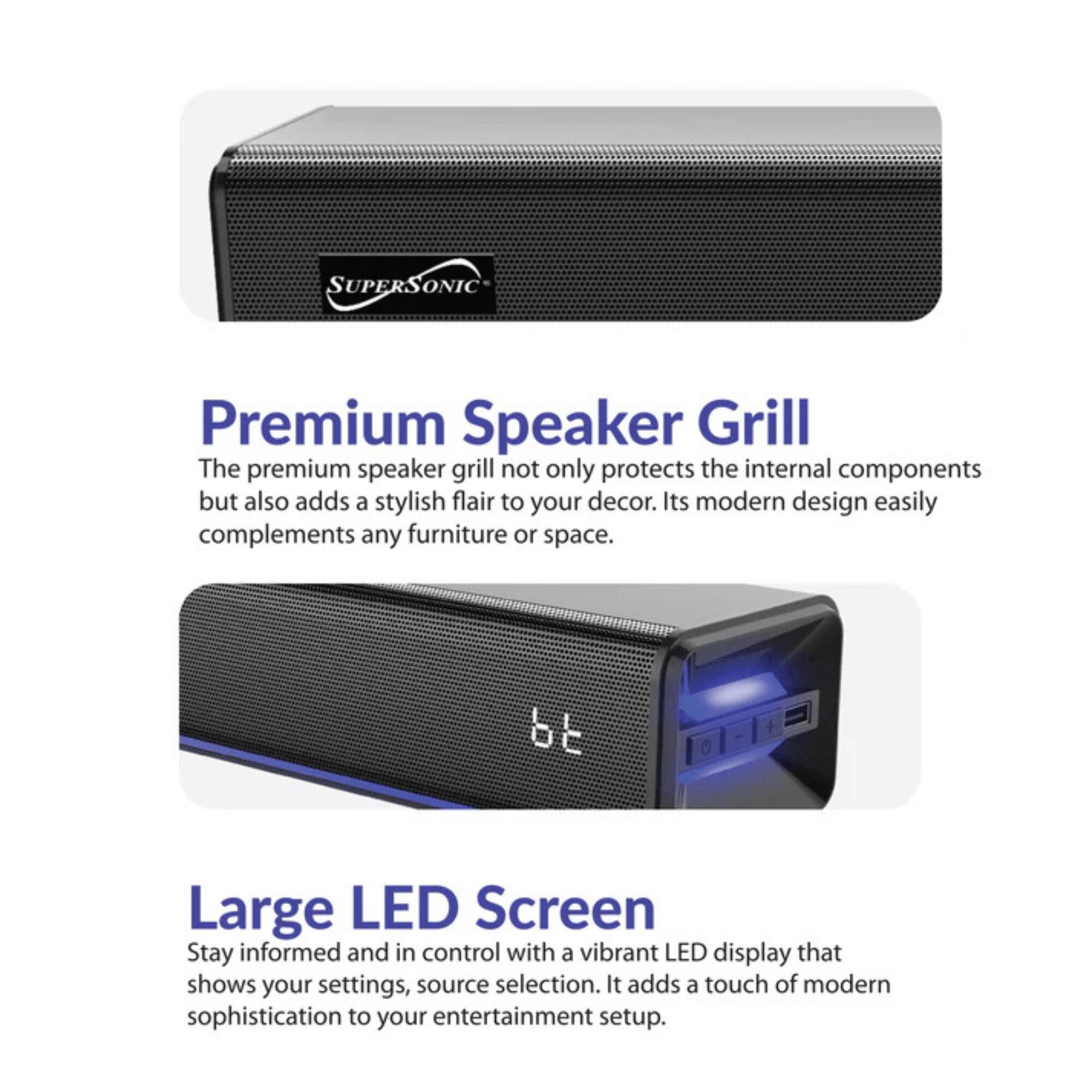**Premium Speaker Grill**  
The premium speaker grill not only protects the internal components but also adds a stylish flair to your decor. Its modern design easily complements any furniture or space.

**Large LED Screen**  
Stay informed and in control with a vibrant LED display that shows your settings, source selection. It adds a touch of modern sophistication to your entertainment setup.