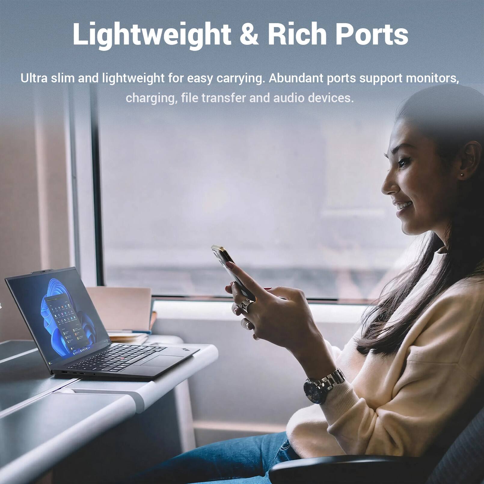 Lightweight & Rich Ports

Ultra slim and lightweight for easy carrying. Abundant ports support monitors, charging, file transfer and audio devices.