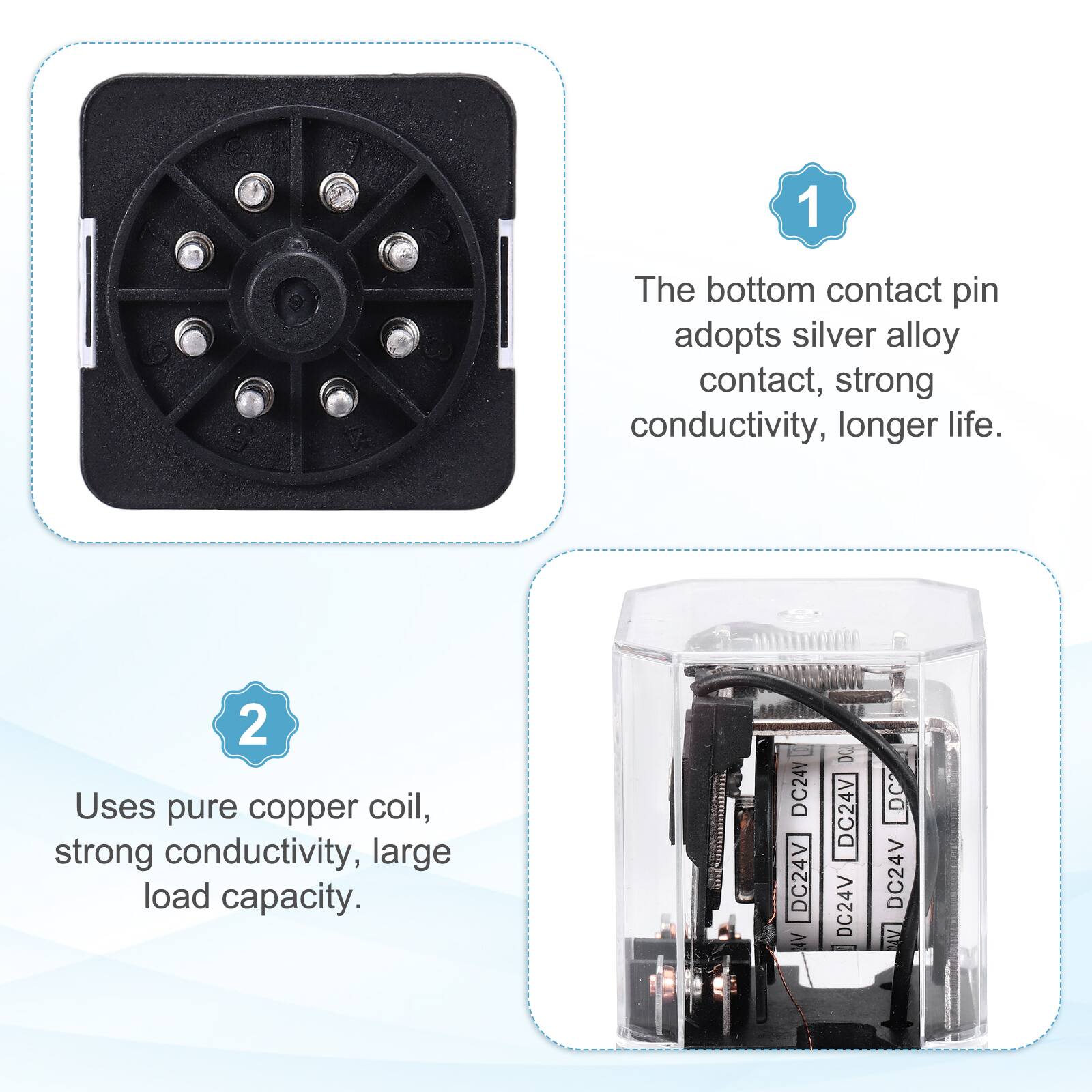 1. The bottom contact pin adopts silver alloy contact, strong conductivity, longer life.
2. Uses pure copper coil, strong conductivity, large load capacity. DC24V DC24V WV 00 DC24V DC24V DC2 DC24V