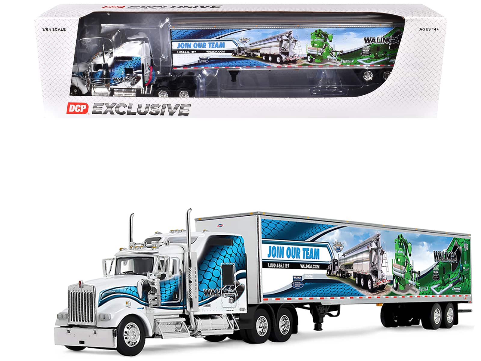 First Gear - Kenworth W900L with 86" Studio Sleeper and 53' Utility Trailer with Skirts "Walinga" White with Blue Graphics 1/64 - Multi