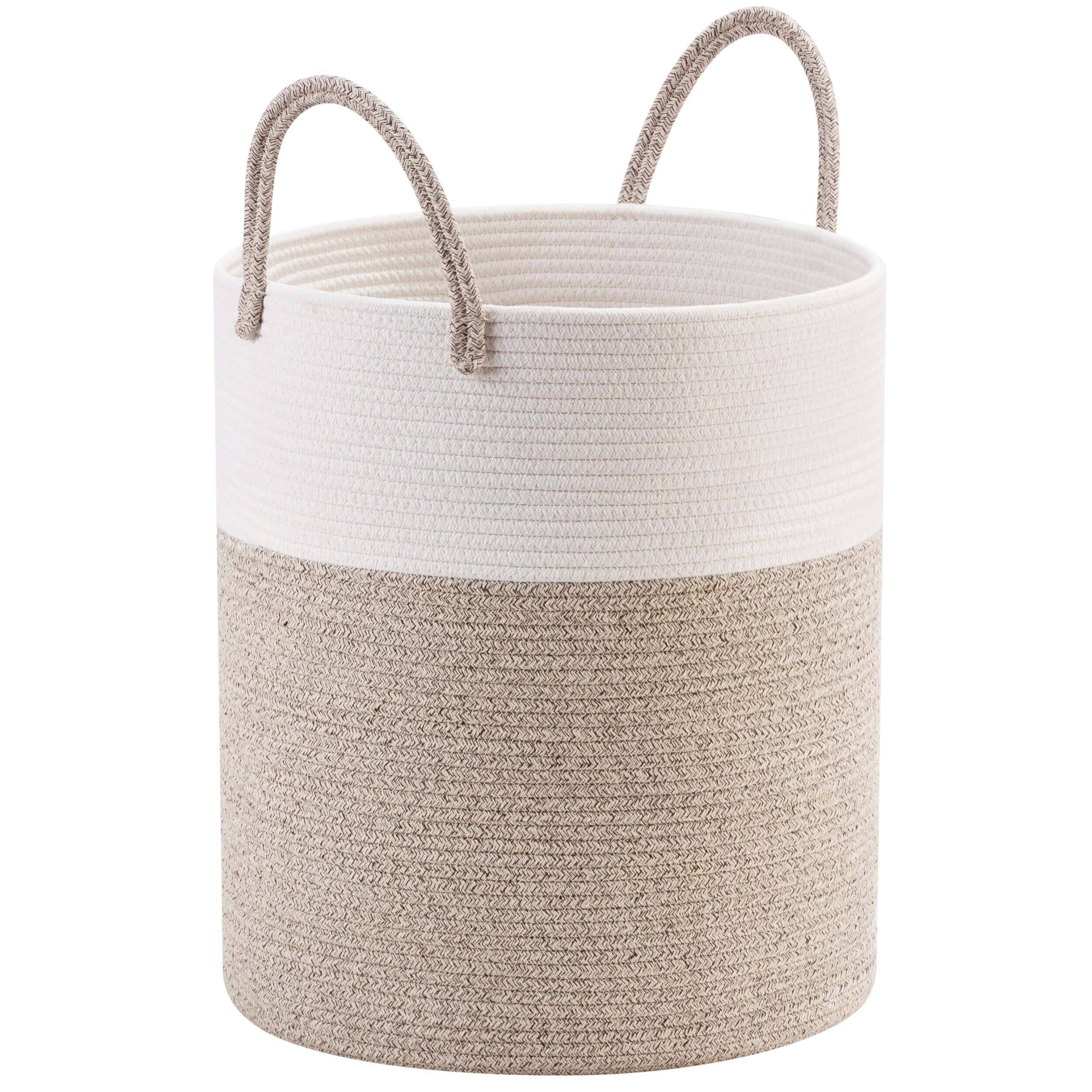 DORLUKFU - Large 18 x 16 Inches Decorative Woven Cotton Rope Basket, Tall Laundry Basket Hamper, Blanket Basket for Living Room - Light Brown