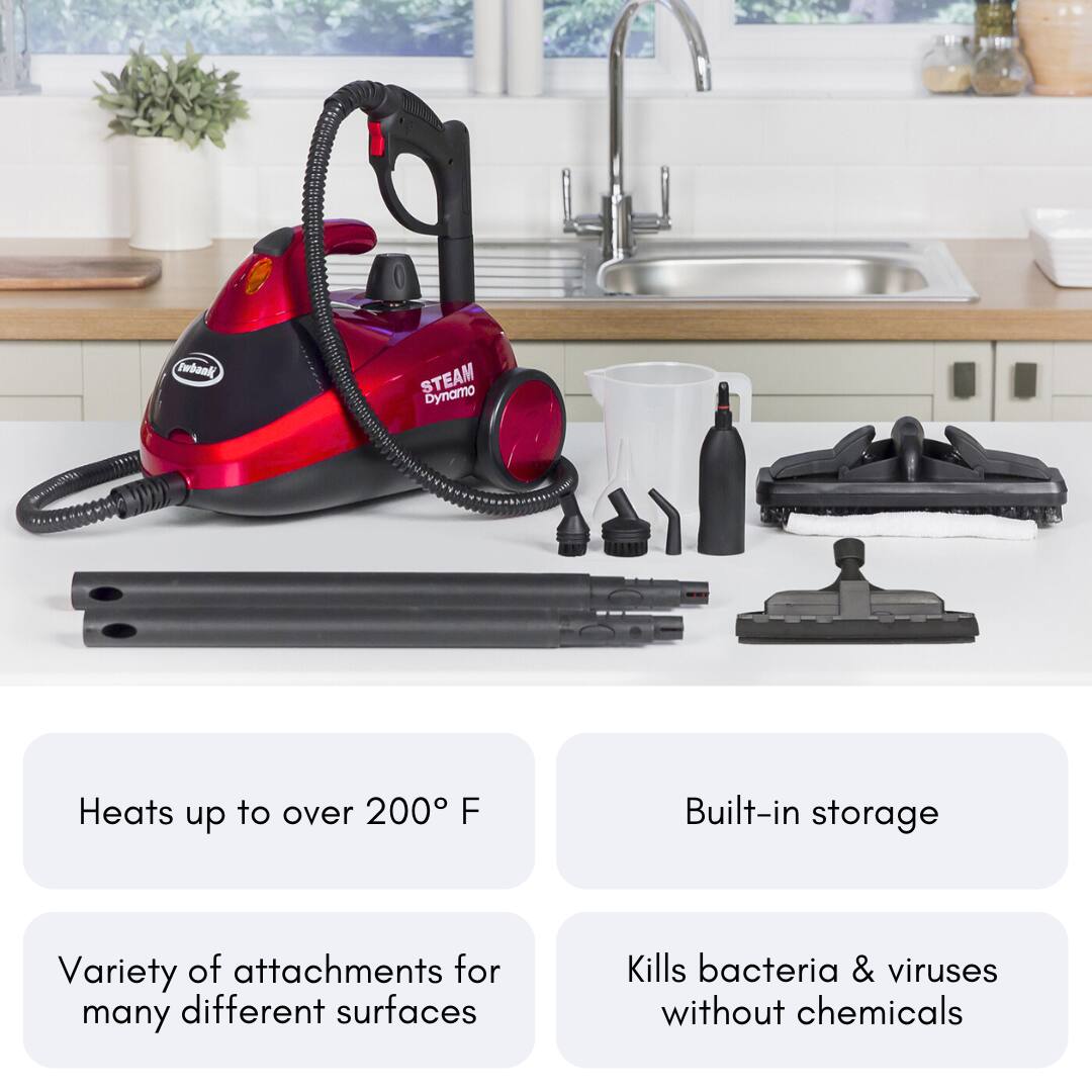 Twbank STEAM Dynamo
Heats up to over 200 F
Built-in storage
Variety of attachments for many different surfaces
Kills bacteria & viruses without chemicals