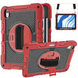 Dteck - For Apple iPad (A16) 11" 2025/10th 2022 Three-Layer Hybrid Kickstand Pencil Holder Hand/Shoulder Strap Shockproof Case - Red+Black