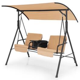 Costway - 2-Person Canopy Porch Swing Padded Chair Cooler Bag Rotatable Tray - Beige
