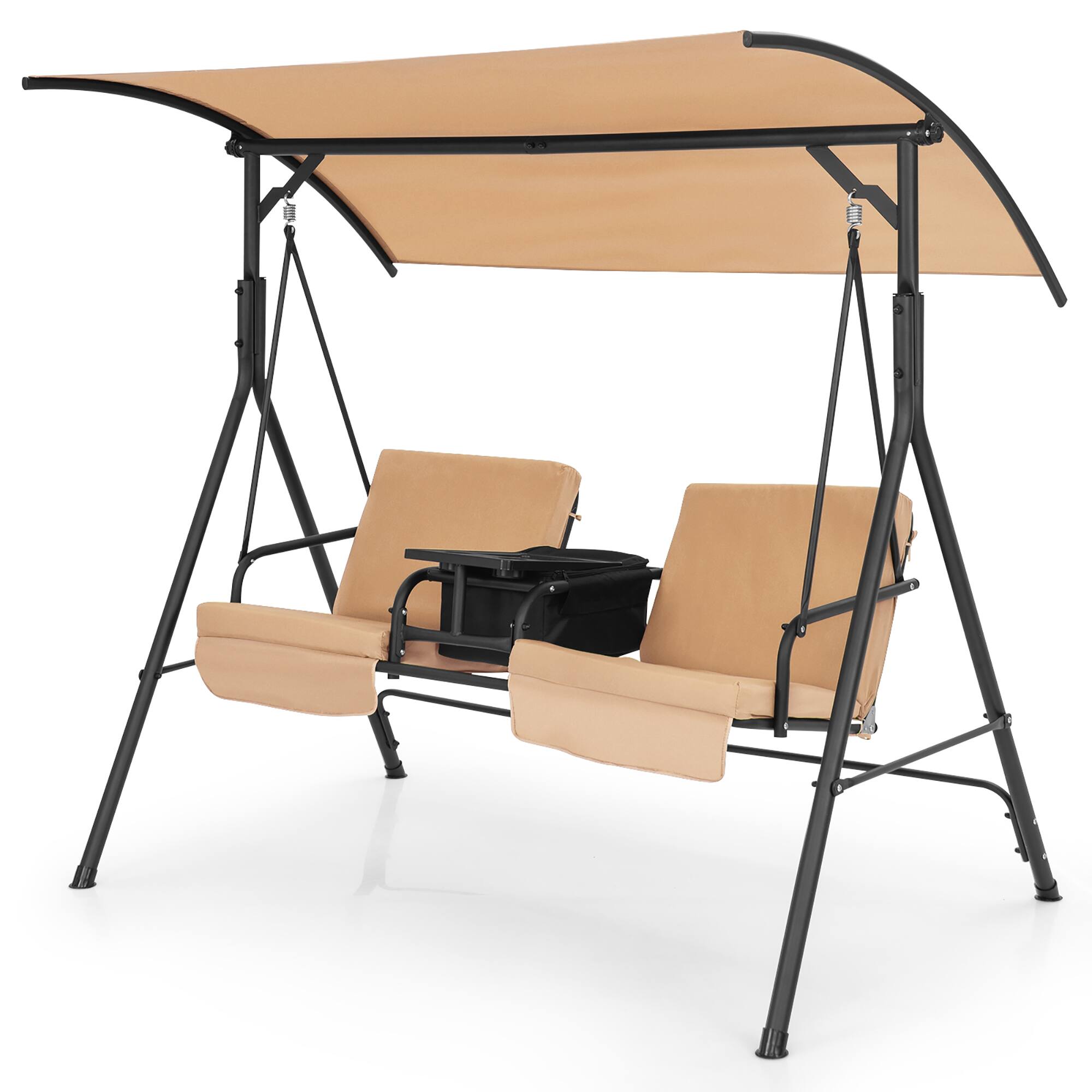 Front. Costway - Costway 2-Person Canopy Porch Swing Padded Chair Cooler Bag Rotatable Tray - Beige.