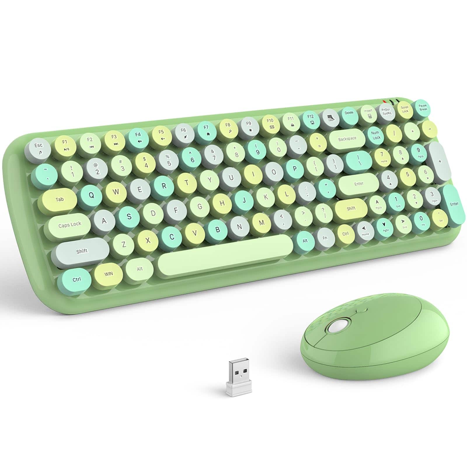 Earthley Blooms - Wireless And Mouse Combo - Lovely Green Rainbow Full-sized Typewriter Colorful Keyboards Round Keycap Usb - Light Green