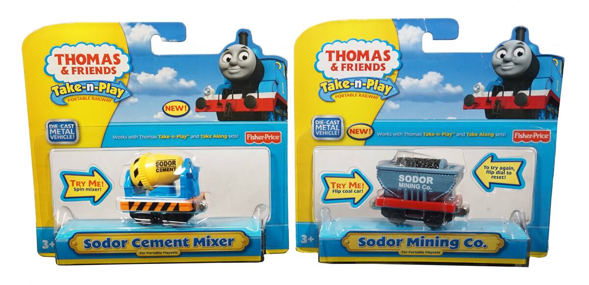 **Thomas & Friends Take-n-Play Portable Railway**

**NEW!**

**Die-Cast Metal Vehicle!**

Works with Thomas Take-n-Play and Take Along sets!

**Fisher-Price**

**TRY ME!**

**Spin mixer!**

**Sodor Cement Mixer**

For Portable Playsets

**3+**

---

**Thomas & Friends Take-n-Play Portable Railway**

**NEW!**

**Die-Cast Metal Vehicle!**

Works with Thomas Take-n-Play and Take Along sets!

**Fisher-Price**

**TRY ME!**

**Flip coal car!**

**Sodor Mining Co.**

For Portable Playsets

**3+**

---

**To try again, flip dial to reset!**