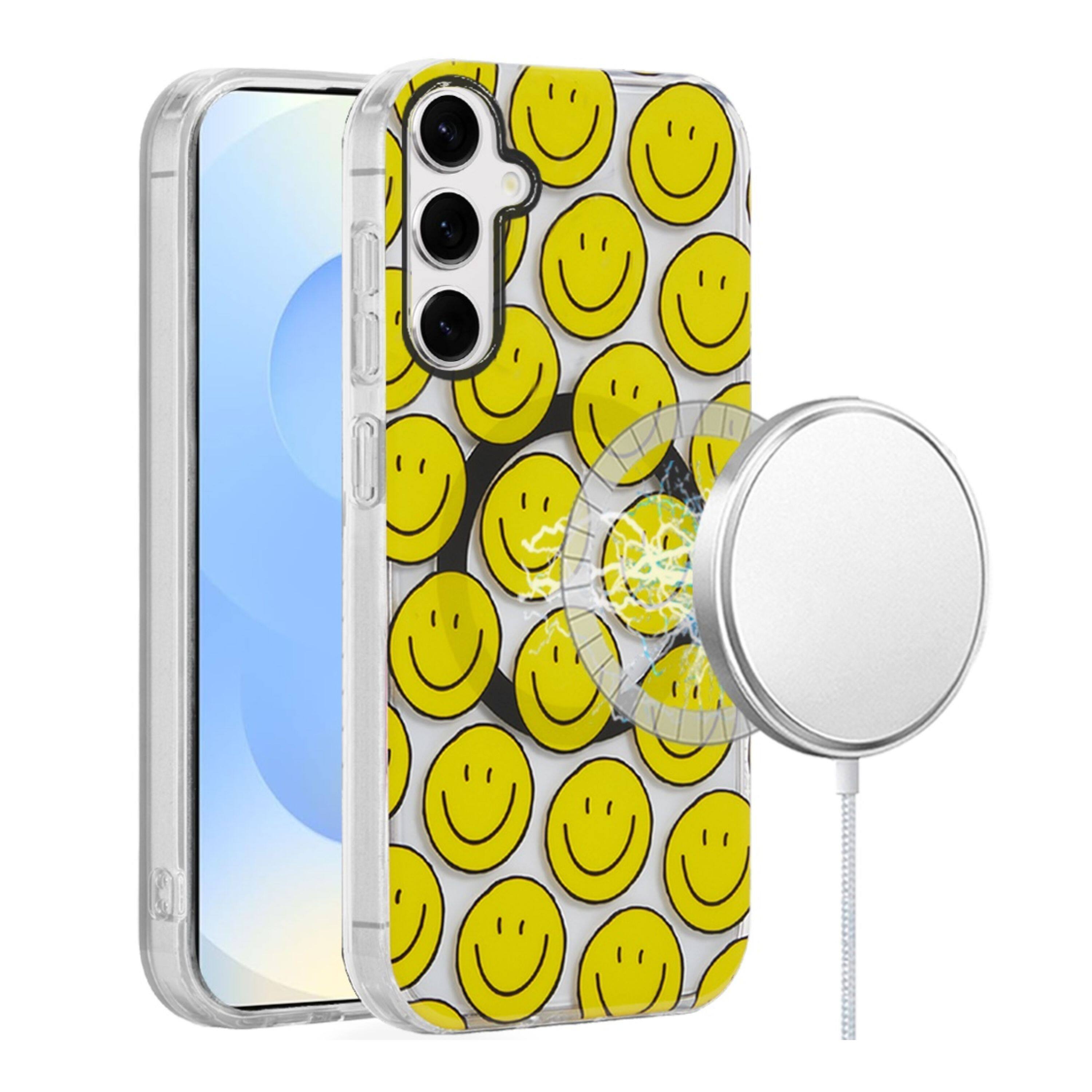 Angle. Kitcheniva - Dual Layer TPU Design Case With Magnetic Circle Tempered Glass For Samsung Galaxy S25+/S24+ Smiley Faces - Yellow.