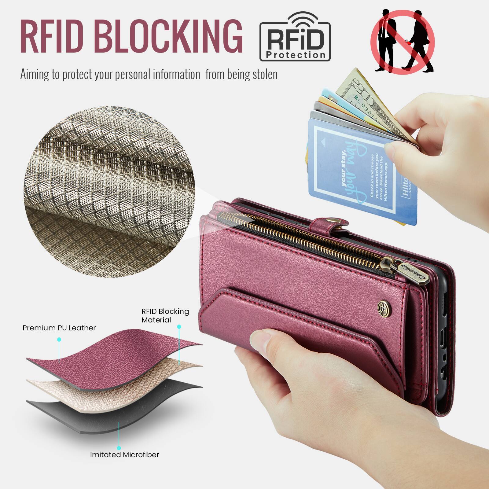 RFID BLOCKING  
Aiming to protect your personal information from being stolen  

RFiD Protection  

Premium PU Leather RFID Blocking Material  
Imitated Microfiber