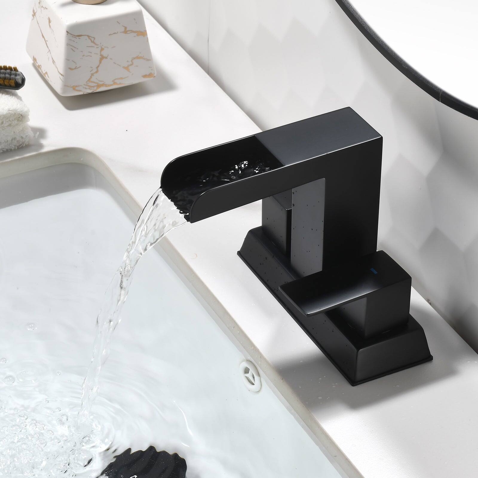 Alt View 4. Boyel Living - Black 4 Inch Centerset Faucet SUS304 Waterfall Spout 1.2GPM Dual Handle Pop Up Drain - Matte Black.