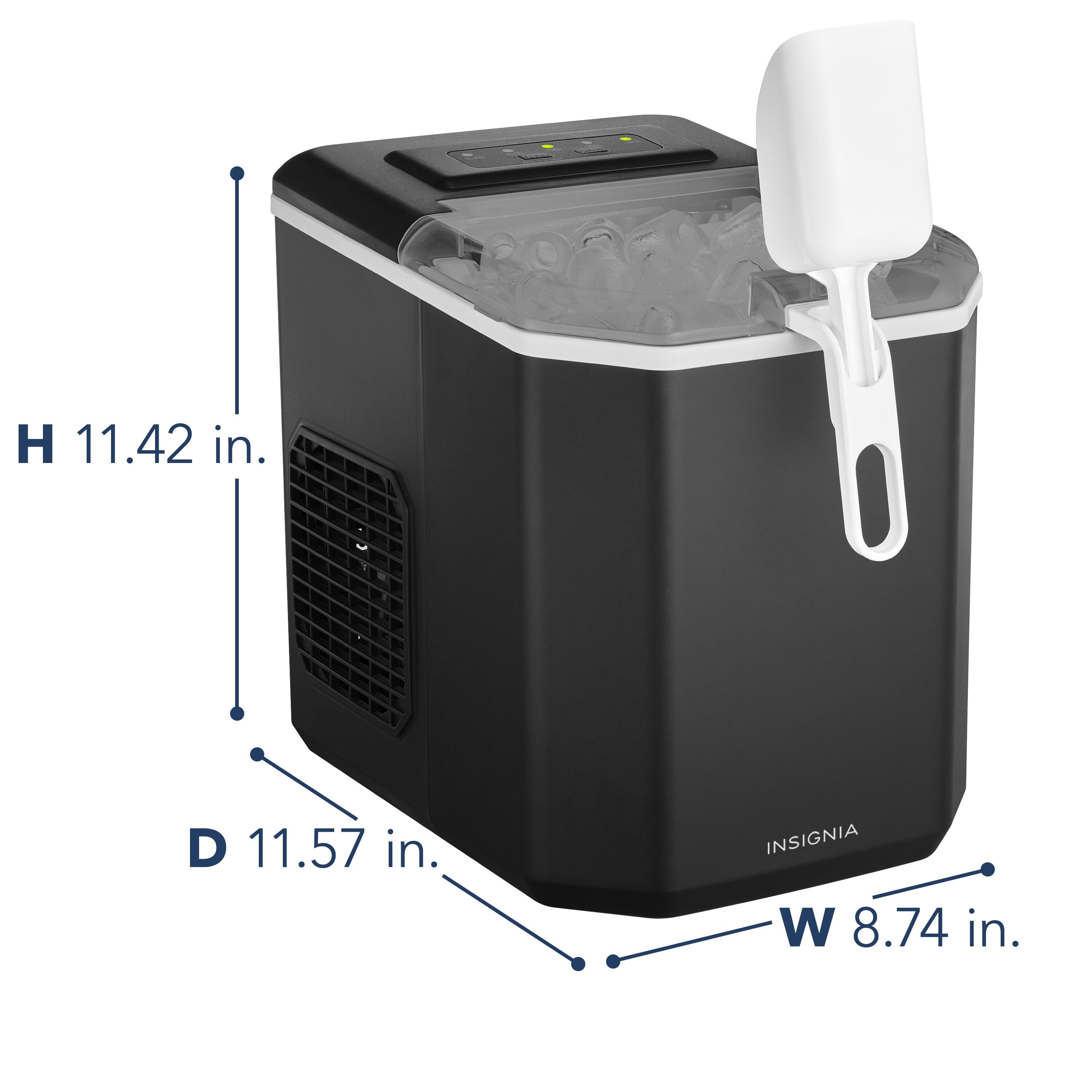 The image shows a black and white appliance, possibly a cooler or a freezer, with a white handle. The appliance measures 11.42 inches in height (H), 11.57 inches in depth (D), and 8.74 inches in width (W).
