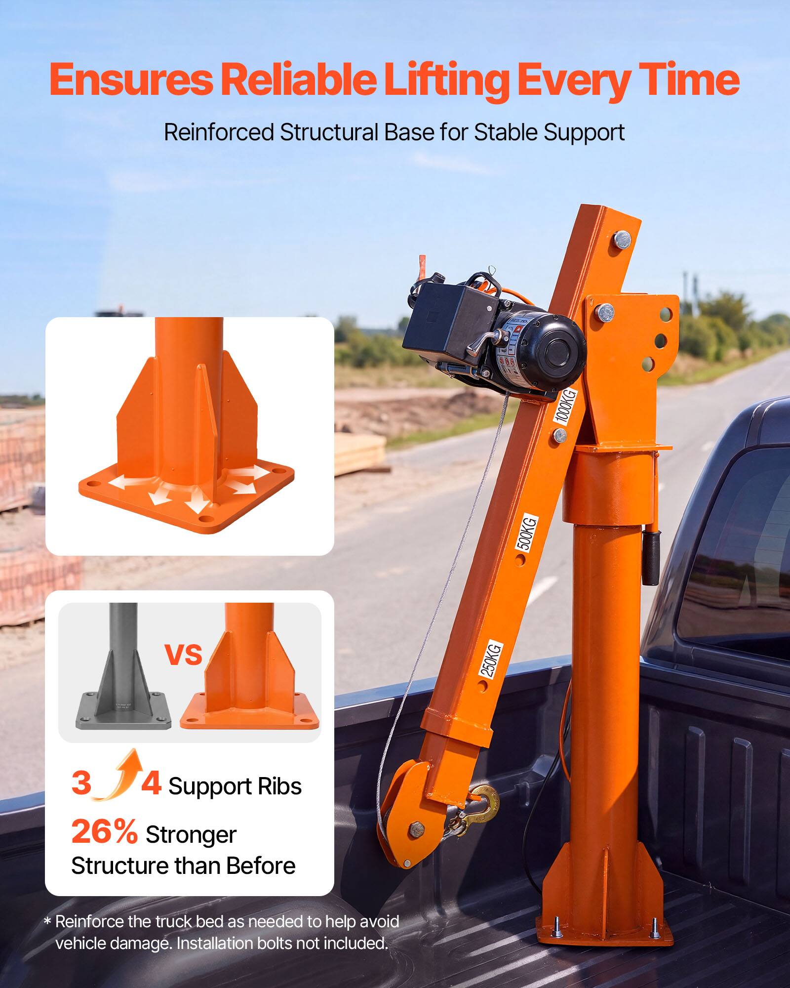 Ensures Reliable Lifting Every Time  
Reinforced Structural Base for Stable Support

1000KG  
500KG  
VS  
250KG

3 4 Support Ribs  
26% Stronger Structure than Before

* Reinforce the truck bed as needed to help avoid vehicle damage. Installation bolts not included.