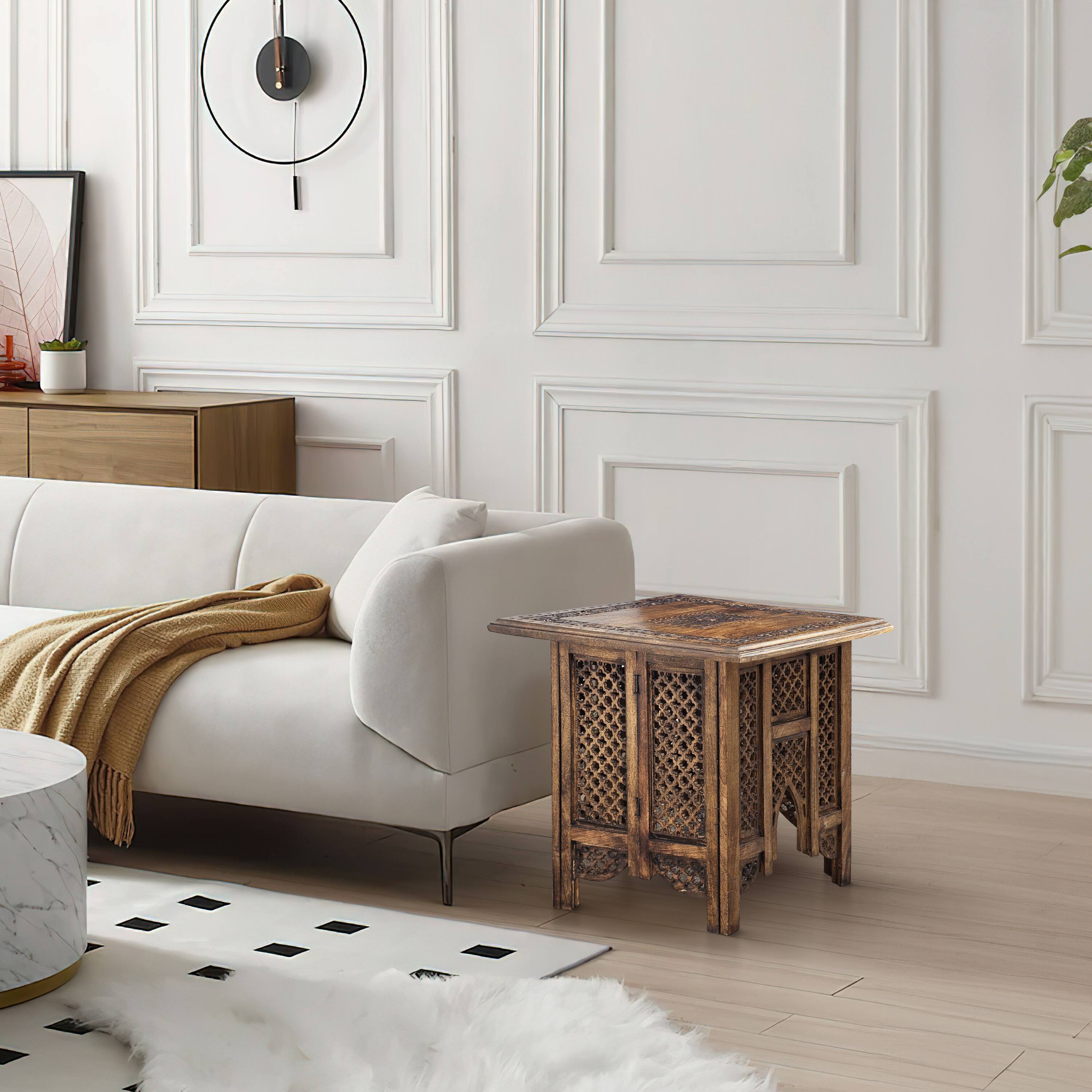 Alt View 9. Manhattan Lane - 21 Inch Boho Side End Table, Floral Carved Details, Foldable Panel Legs - Brown.