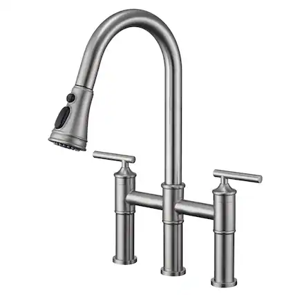 Front. Boyel Living - Double Handle Bridge Pull-Down Kitchen Faucet with 3-Spray Patterns and 360 Degrees Rotation Spout - Brushed Nickel.
