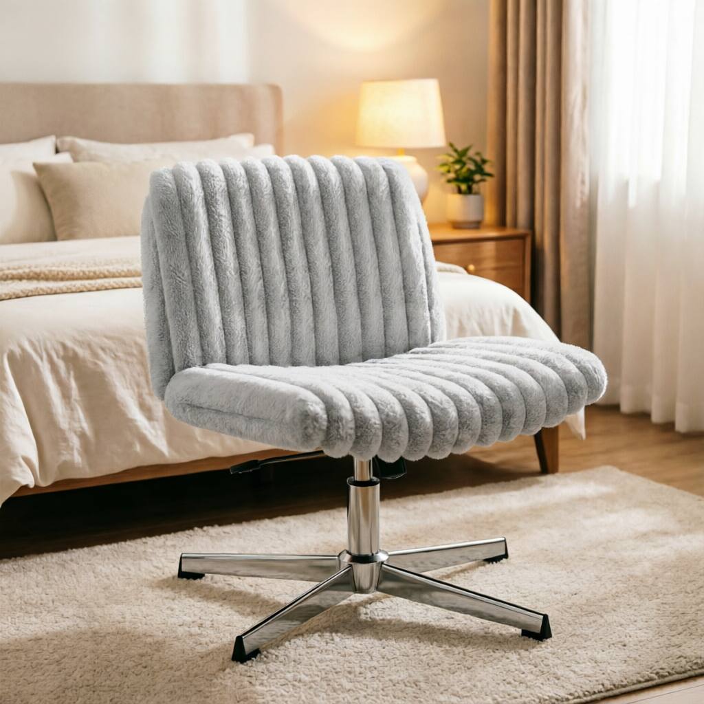 Front. KERDOM - Wider Seat Criss Cross Chair, Armless Ergonomic Office Chair No Wheels, Soft Velvet Vanity Makeup Chair For Home Bedroom - Grey.