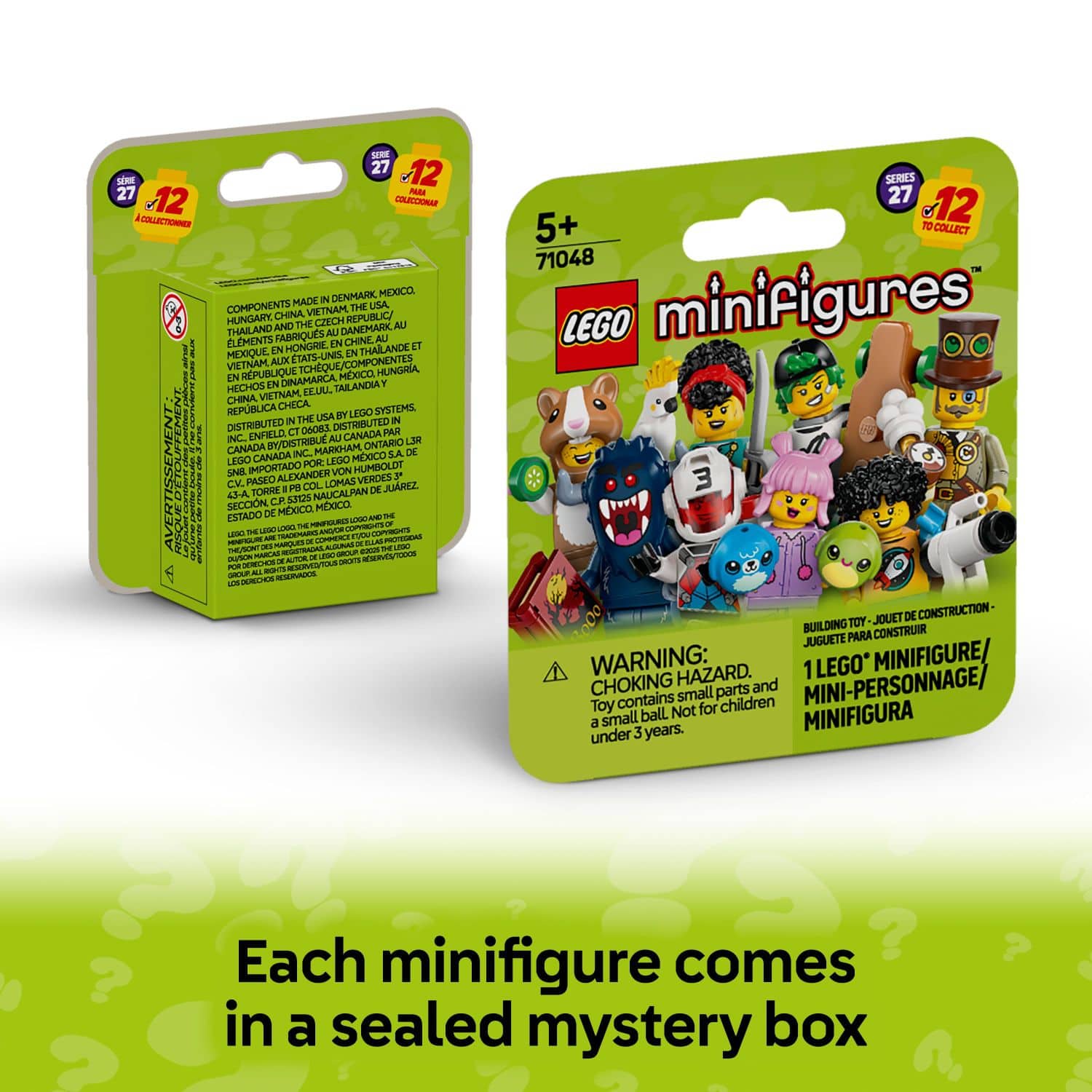Each Lego Minifigure comes in a sealed mystery box. The box contains 5+ Lego Minifigures, each with a unique design. The warning label on the box indicates that the toy contains small parts, which could pose a choking hazard for children under 3 years old. The box is distributed by Lego Systems in the USA, and the toy is made in China, Vietnam, Denmark, Mexico, and Hungary.