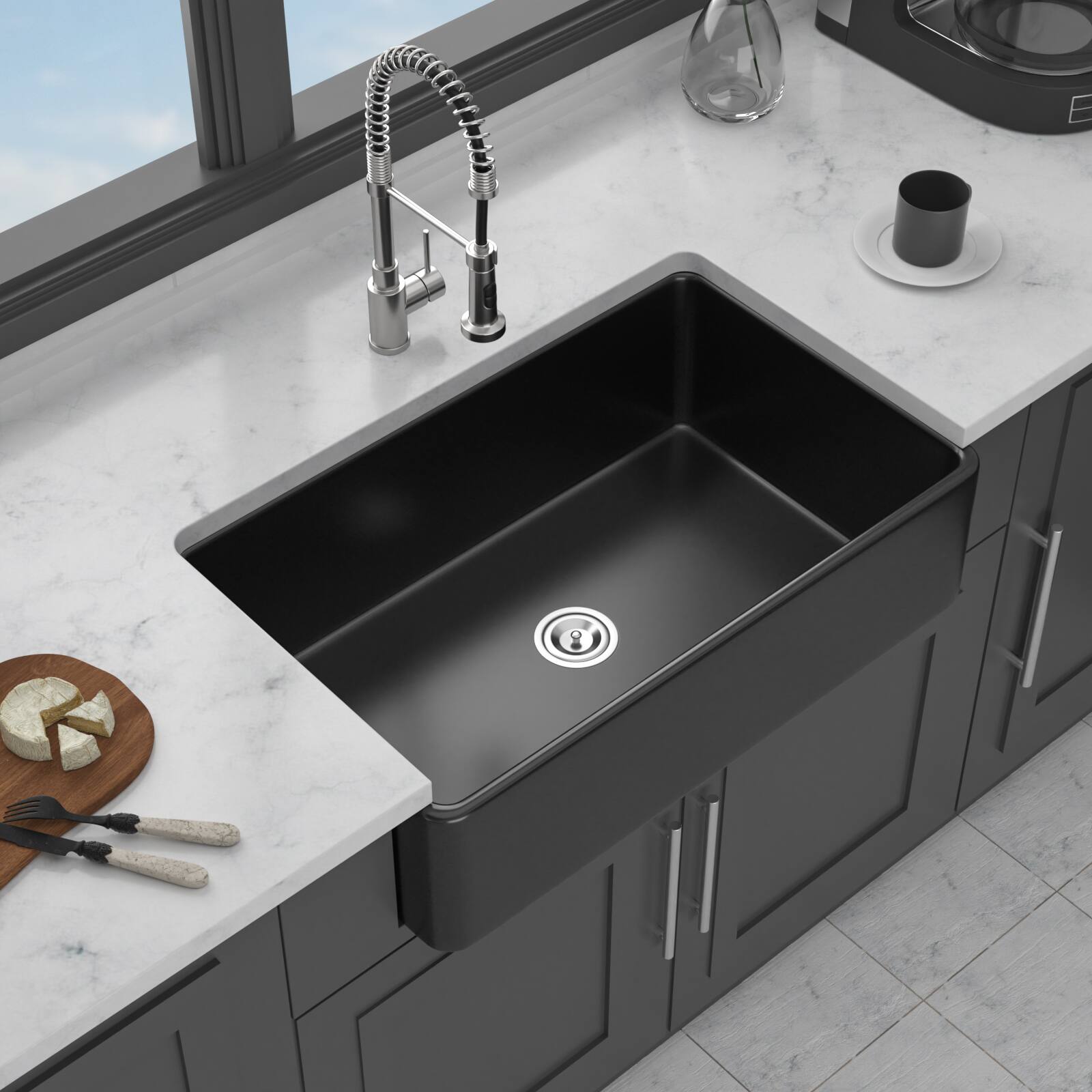 Front. Siljoy - 33" Matte Black Farmhouse Sink 33 x 20 x 10" Kitchen Sink Apron Front Porcelain Ceramic Single Bowl Farmer Sink Basin - Matte Black.